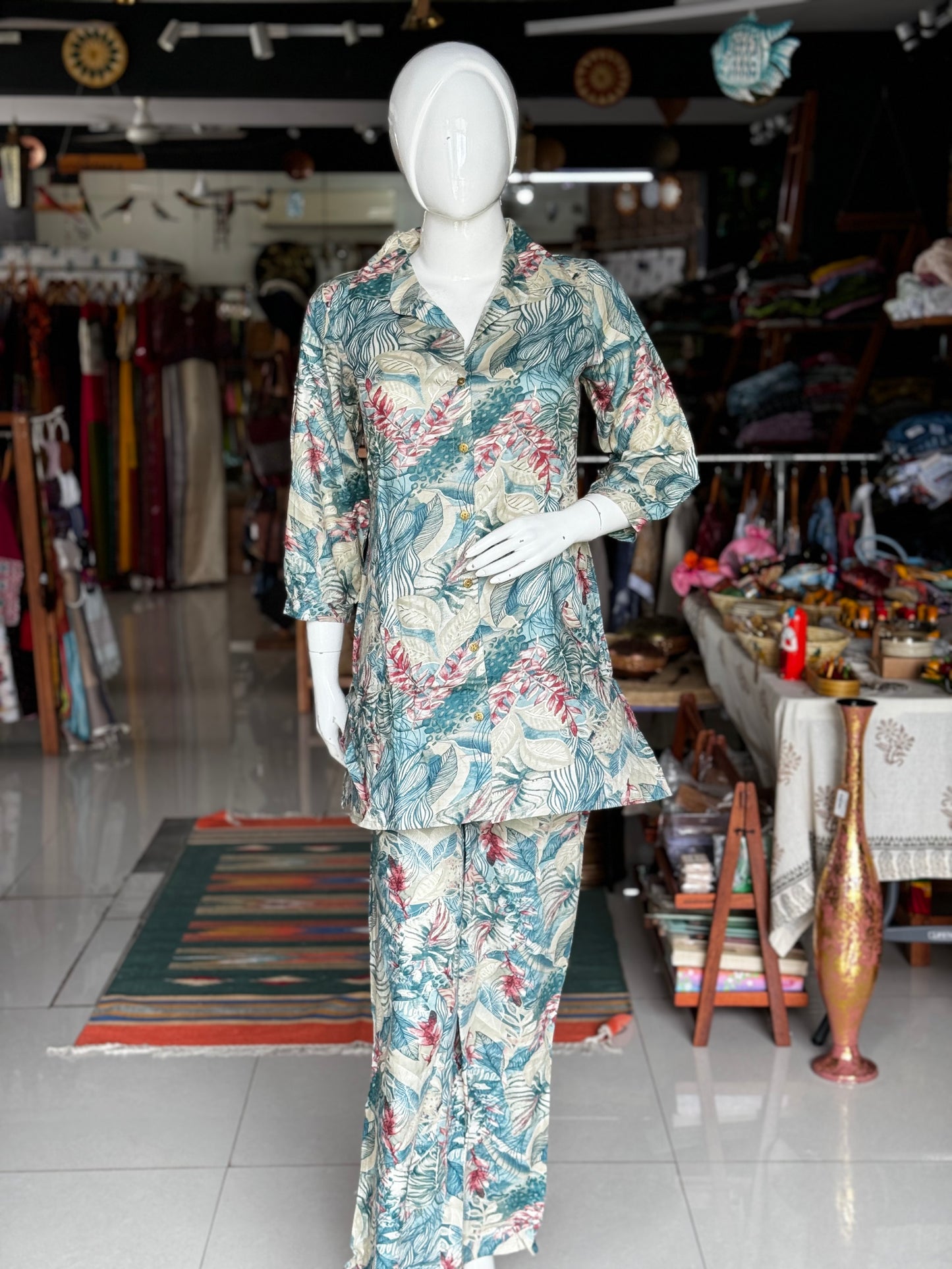 Teal Blue leaves print collared foil print rayon top with long sleeves and pants coord set