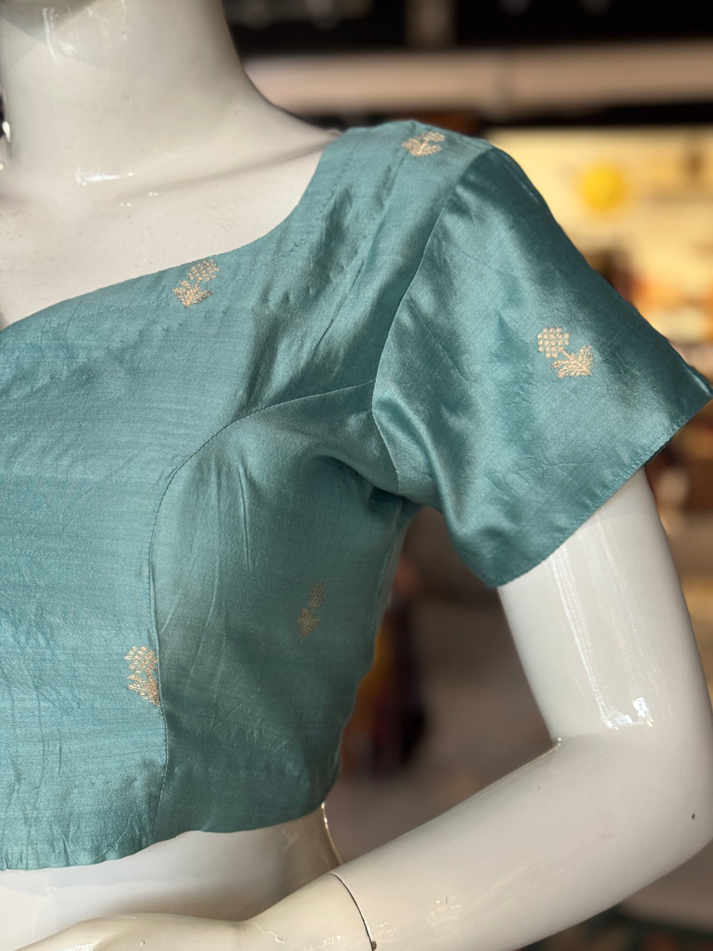 Pastel blue hand woven pure silk blouse with flower butis - front open, with lining