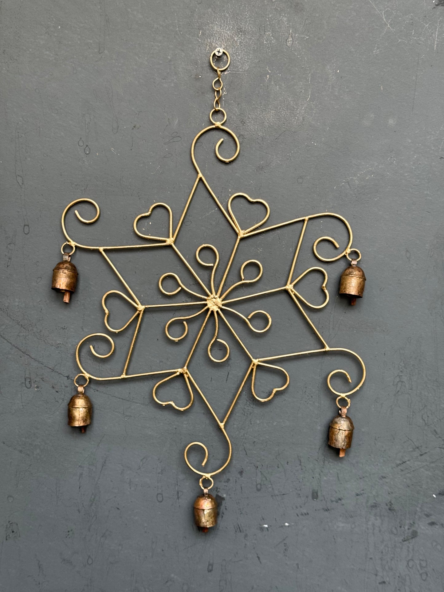 Star rangoli pattern with hearts - copper handcrafted 5 bells hanging