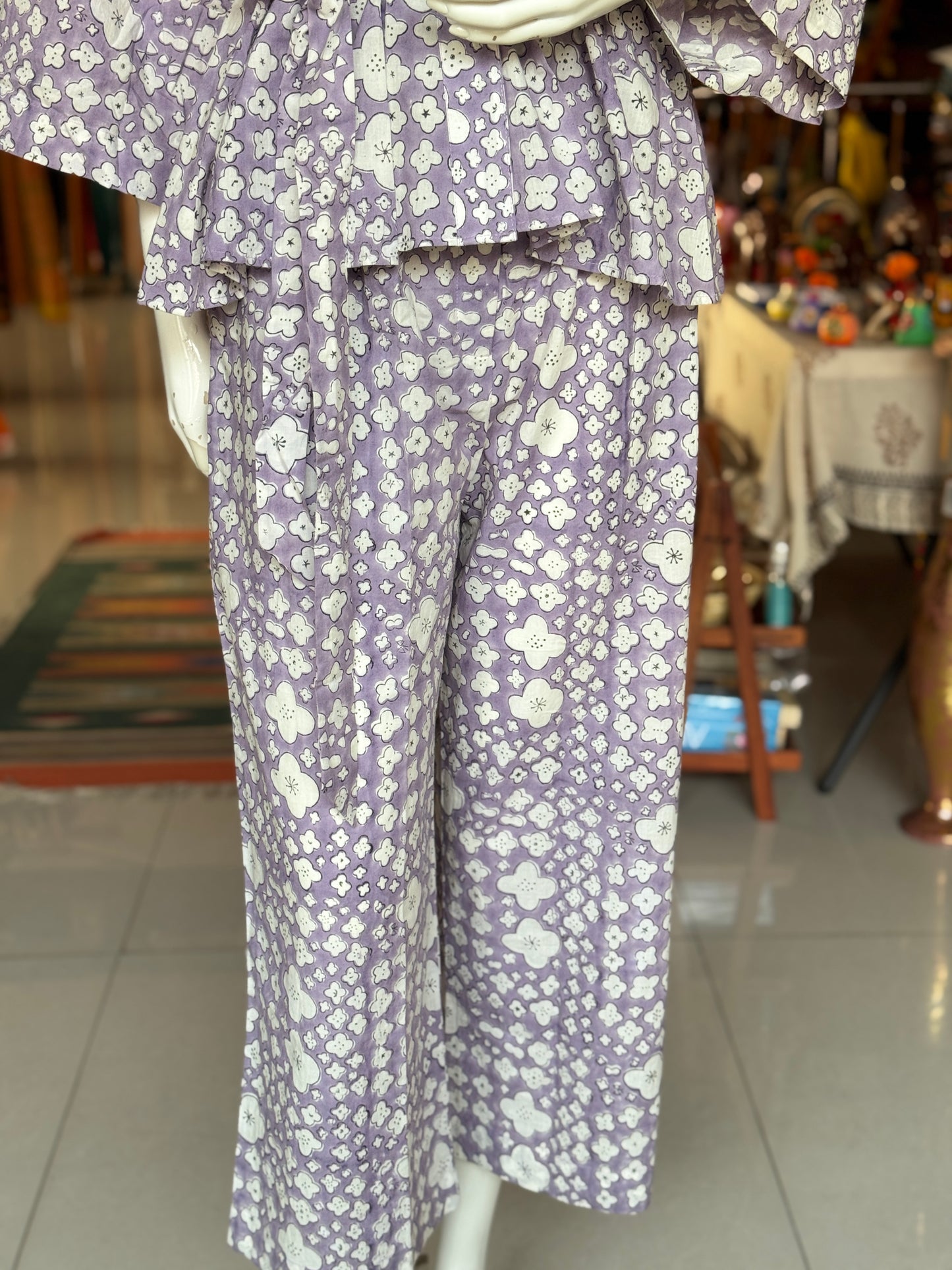 Lavender grey hand block printed cotton coord set with wrap top and pants