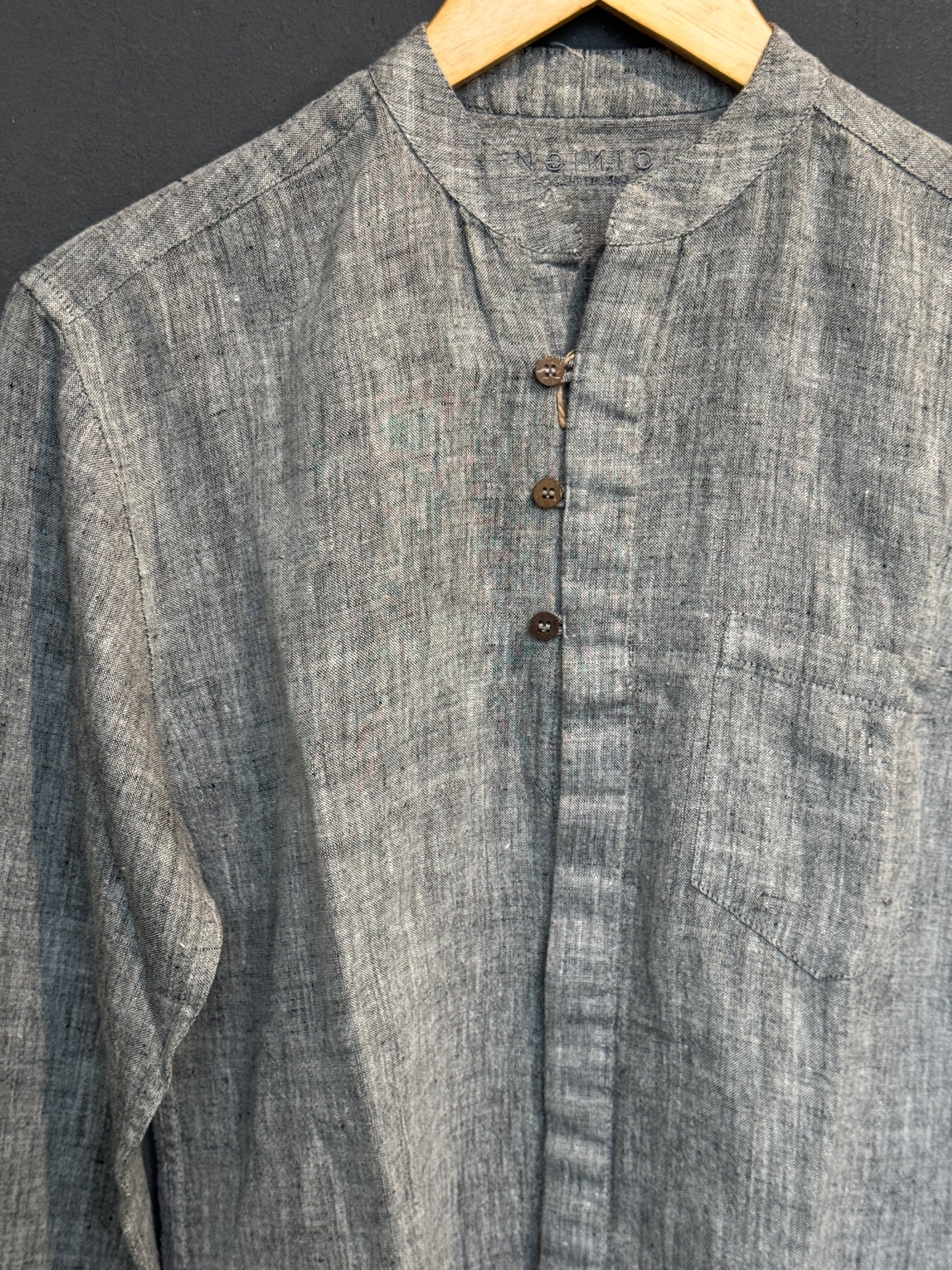 Grey linen handwoven full sleeves kurta style shirt for men