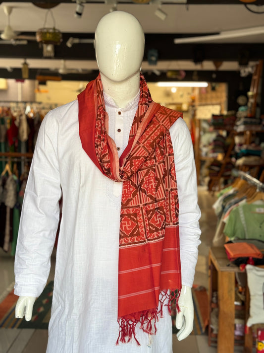 Rust tone cotton handloom soft unisex ikat stole with Swastik motifs