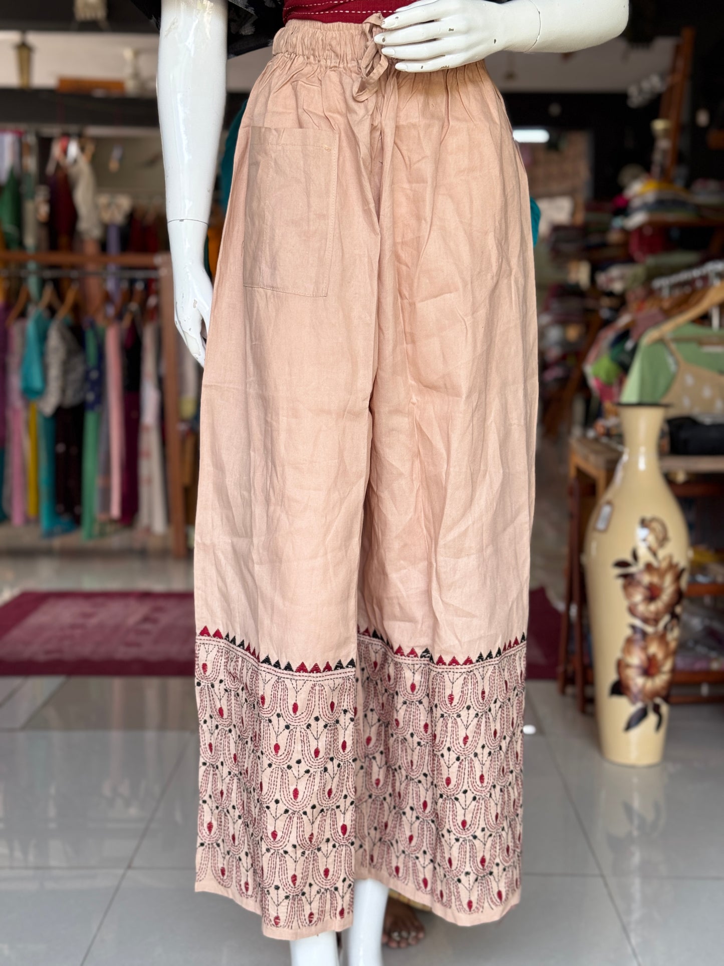 Kantha hand embroidered cotton poplin free size plazo with front pocket