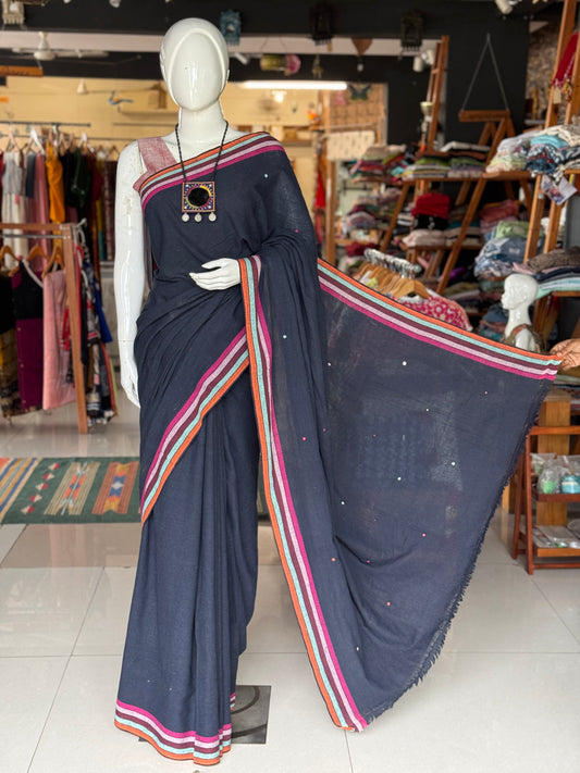 Kala cotton hand woven saree with mirror embroidery on palla and colorful borders - multiple shades available