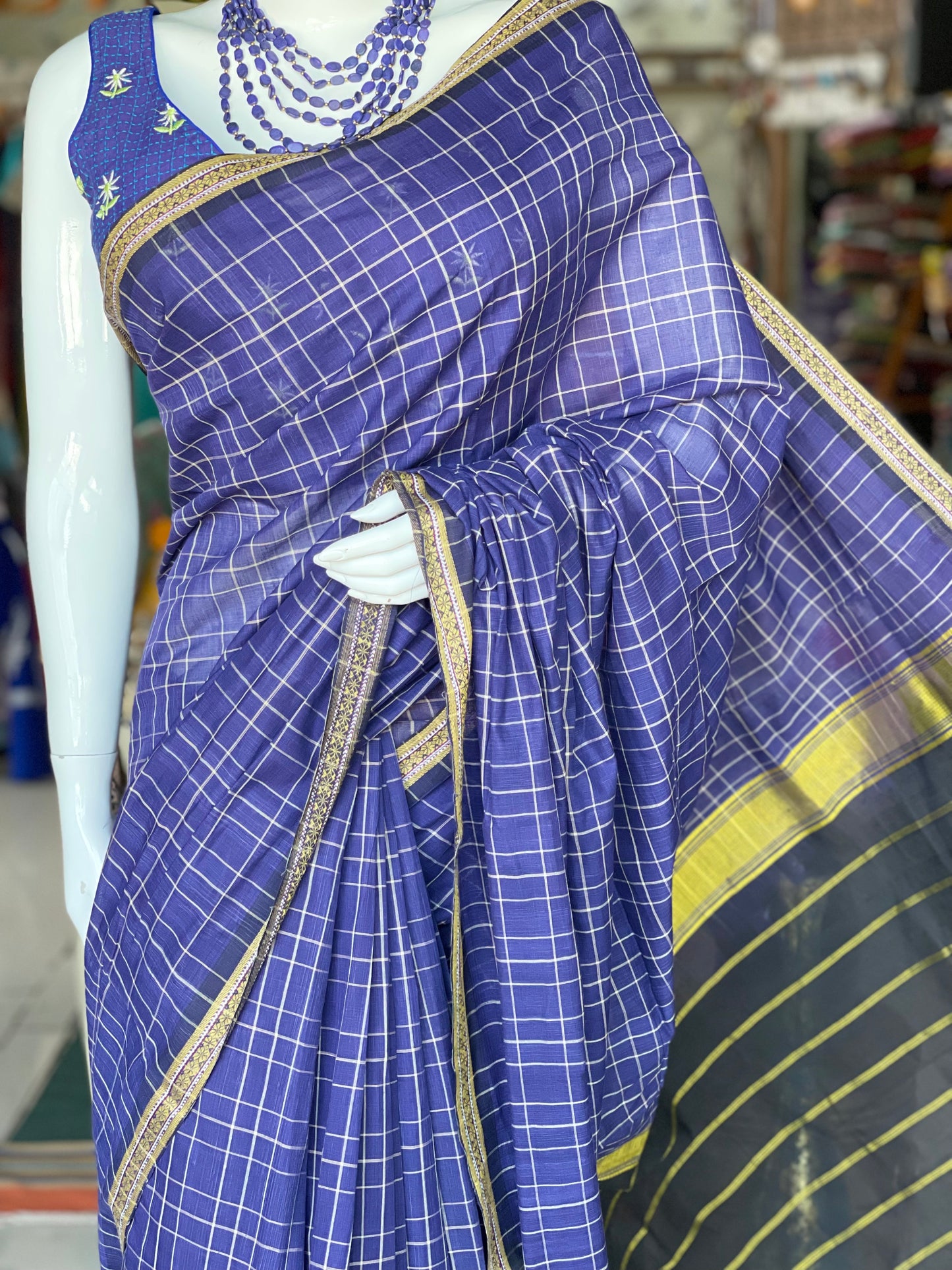 Blue handwoven checkered cotton saree with thread border and stripes palla