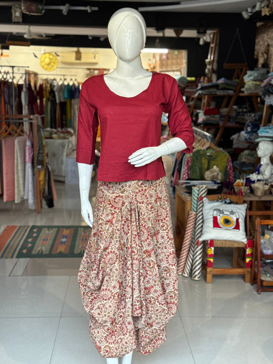 Pink, green, beige flowers pattern natural dyed, hand block printed cotton designer skirt - with pockets