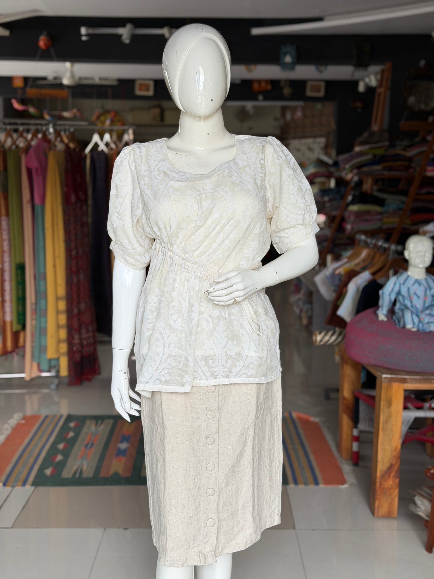 Off white banaras cotton cut work top with cross drawstring