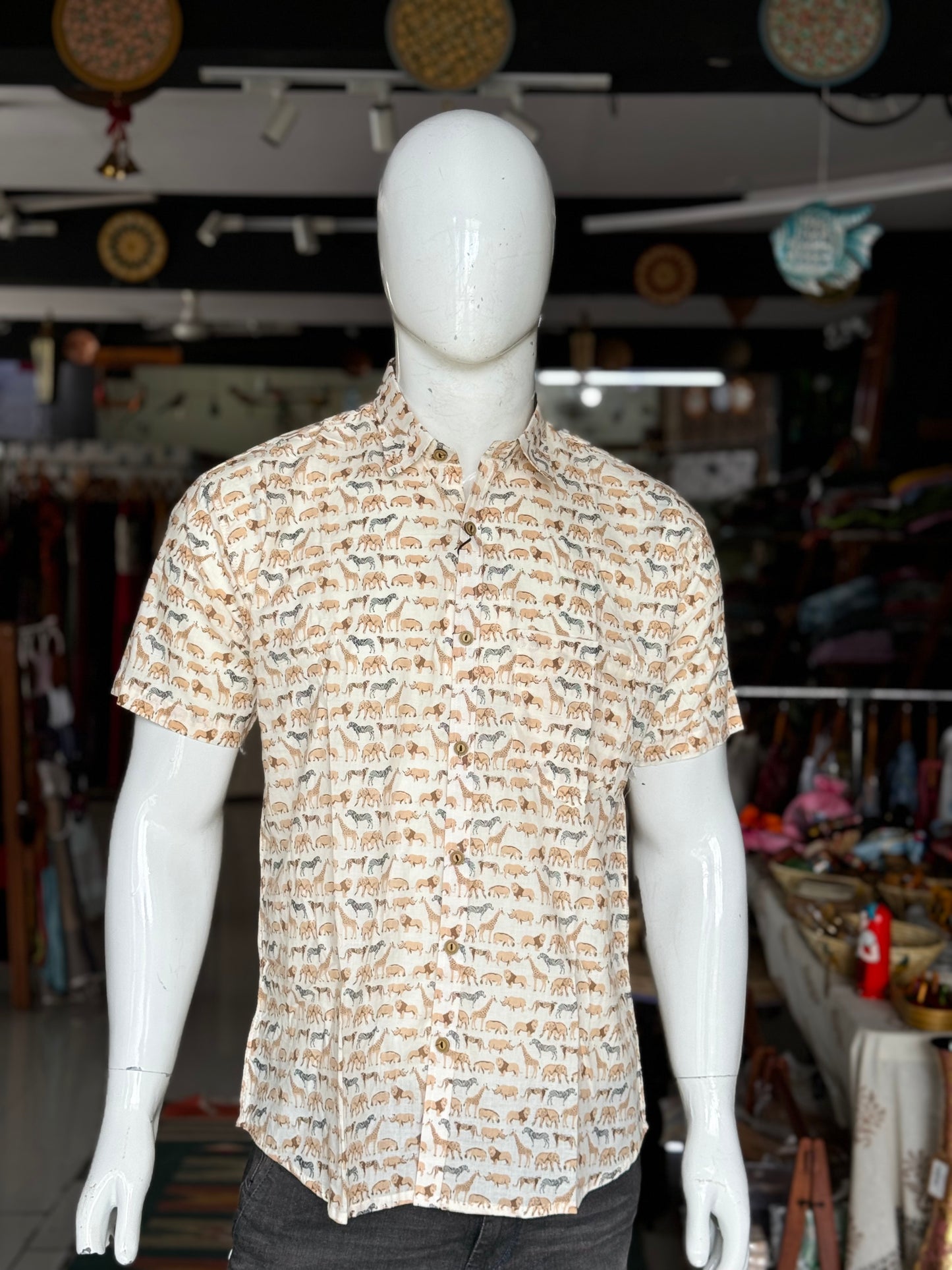 Safari animals print shirt - giraffe, elephant, lion, zebra, leopard rhino, hippo - mens half sleeves cotton shirt