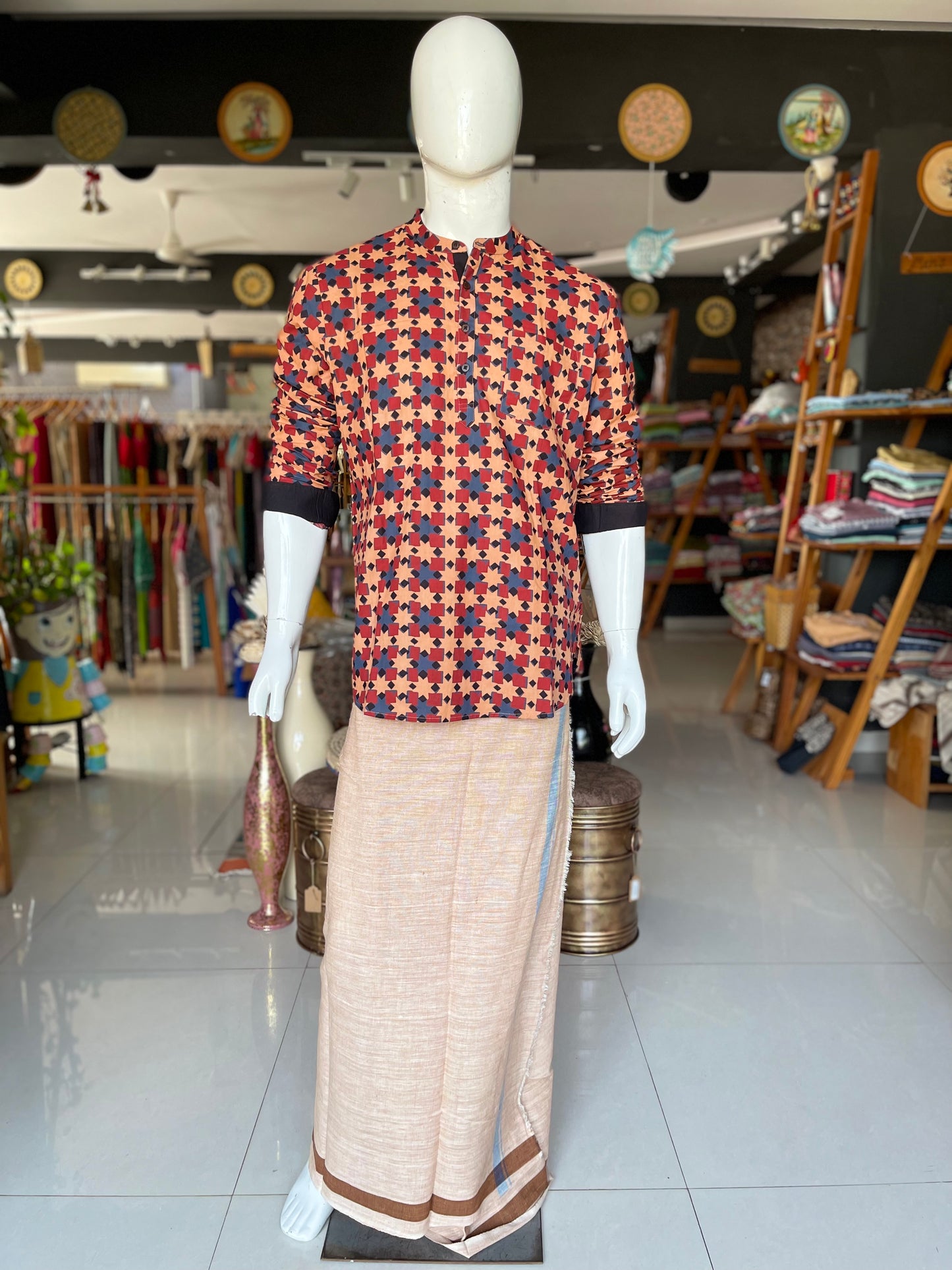 Light brown hand spun, hand woven, natural dyed cotton lungi (unstitched) for men