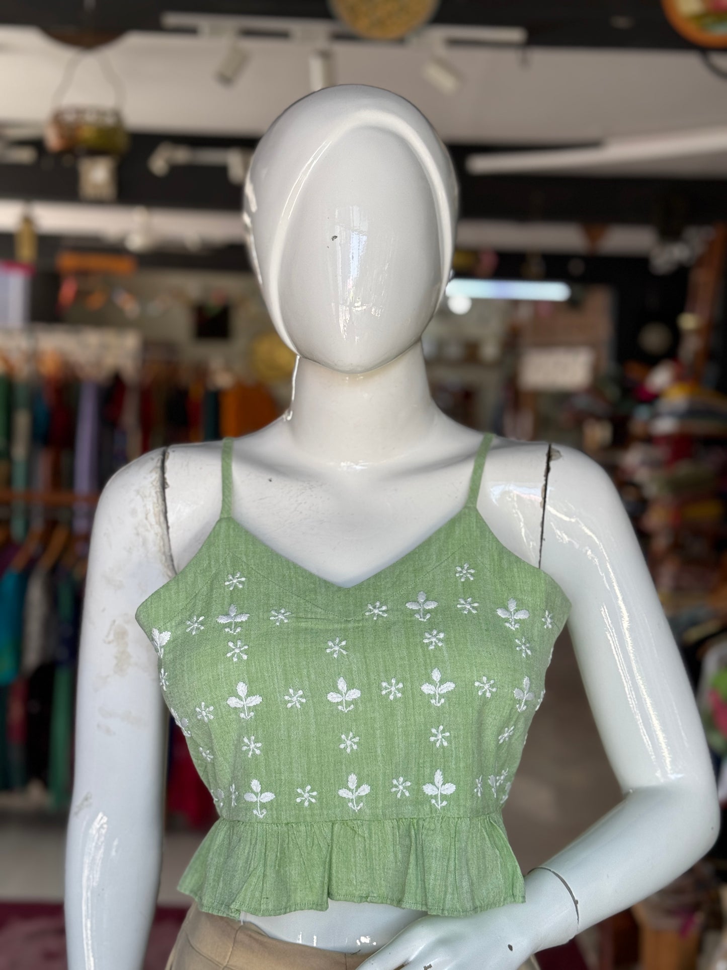 Frilled hem Crop top / blouse with thin straps - Chikankari hand embroidered handwoven cotton crop top / blouse