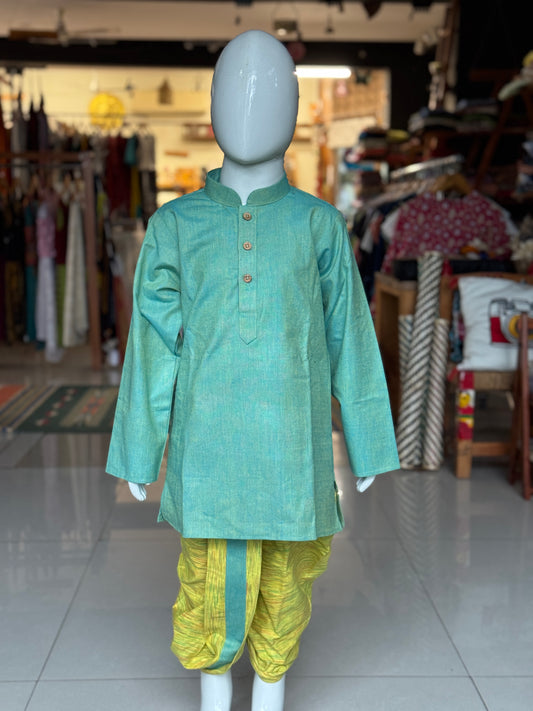 Green and yellow hand spun hand woven cotton kurta, dhoti - 2 piece cotton ethnic set for boys
