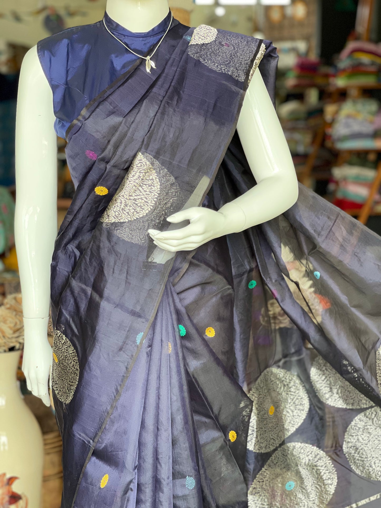 Navy blue Chanderi katan silk handwoven saree with big silver ball butis and colourful round butis