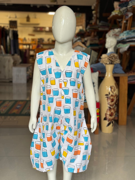 Quirky tumblers hand block printed cotton romper outfit for girls with V neck and front zipper