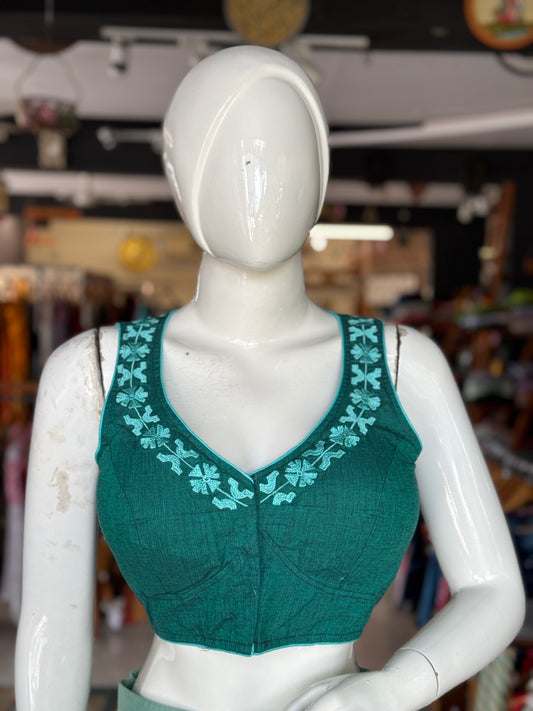 Embroidered neckline princess cut cotton sleeveless blouse - multiple colors available