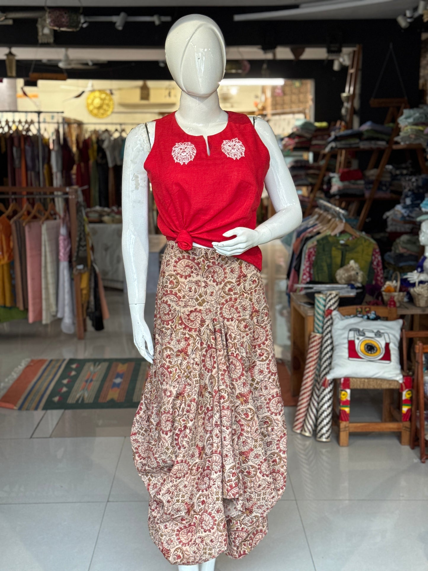 Pink, green, beige flowers pattern natural dyed, hand block printed cotton designer skirt - with pockets