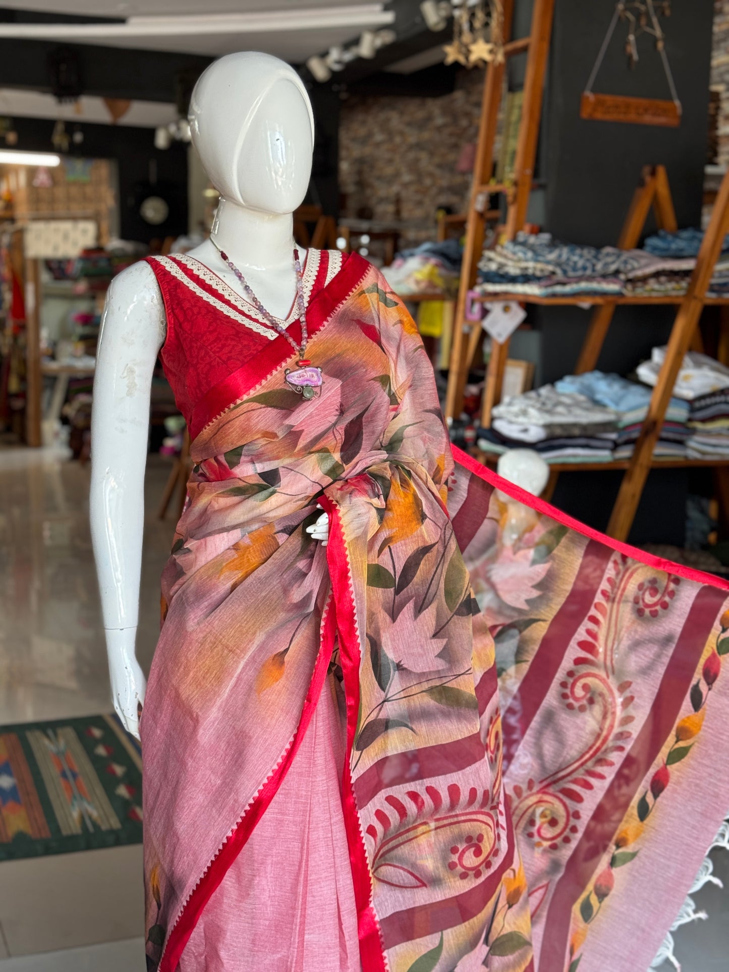 Pink floral hand painted cotton saree