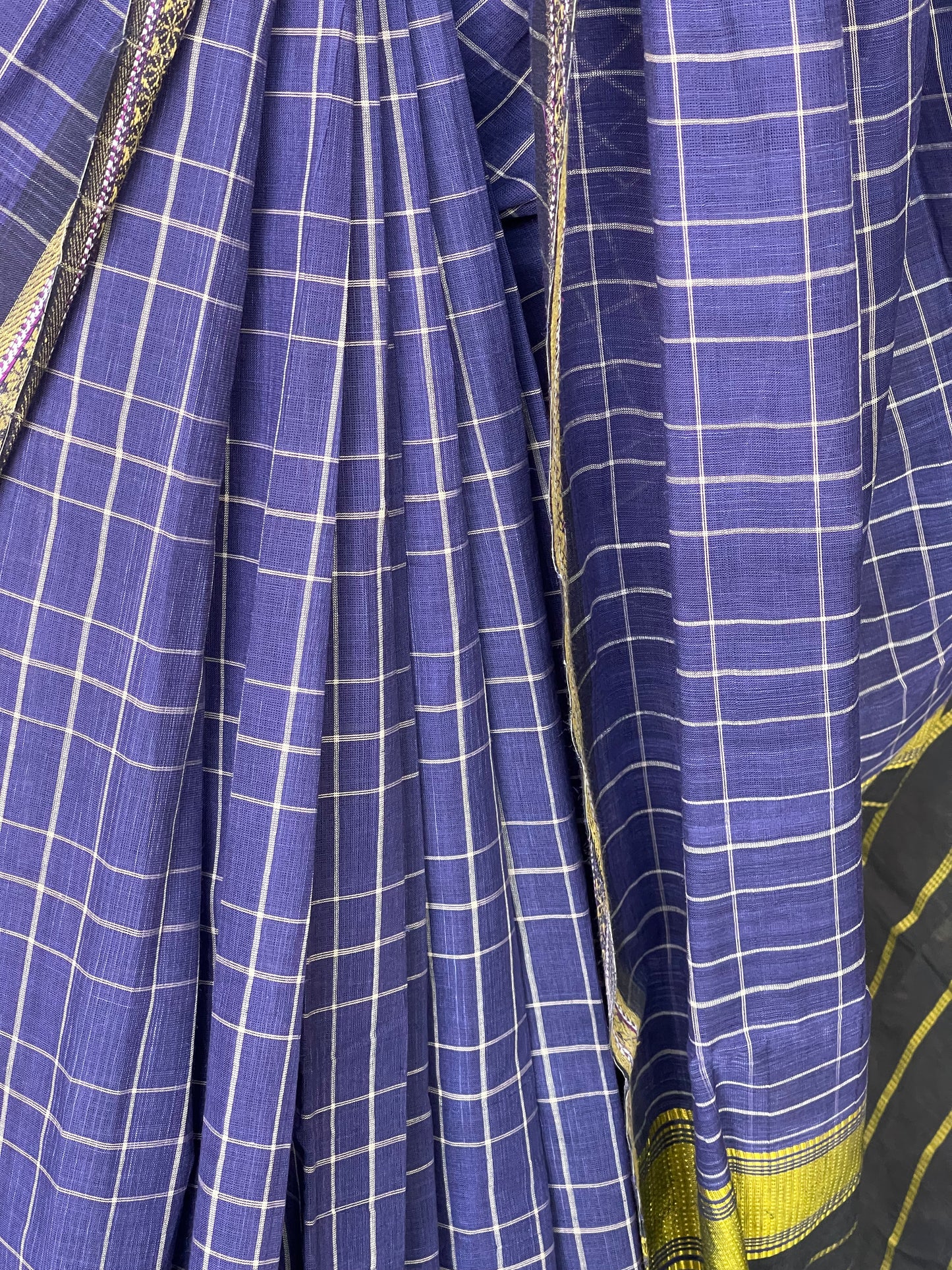 Blue handwoven checkered cotton saree with thread border and stripes palla