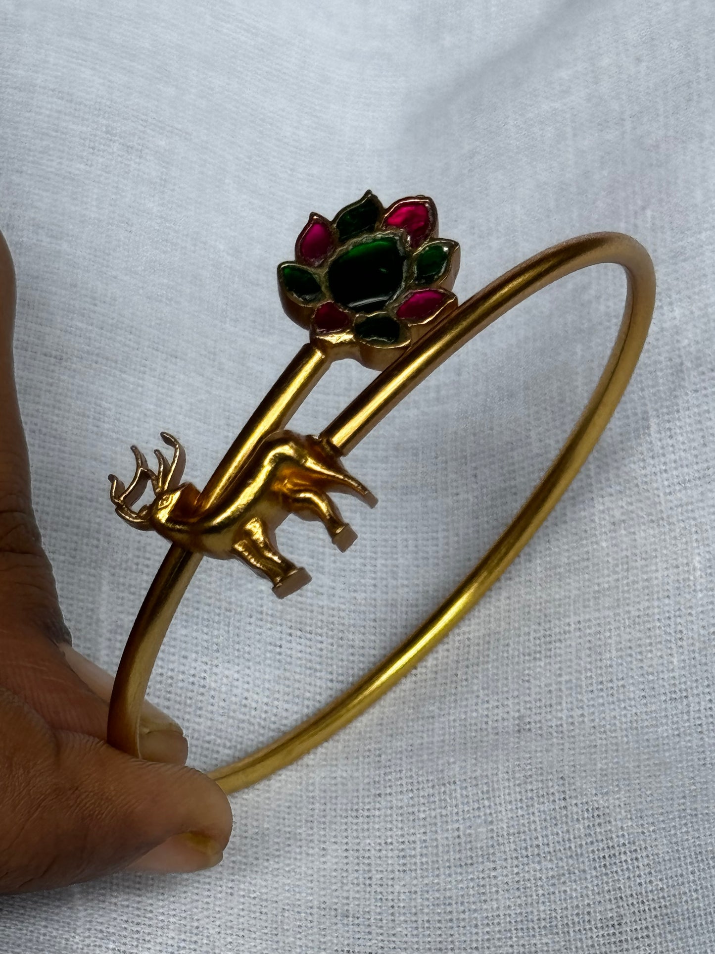 Deer with multi colored flower design sterling 92.5 silver adjustable size bracelet in gold polish