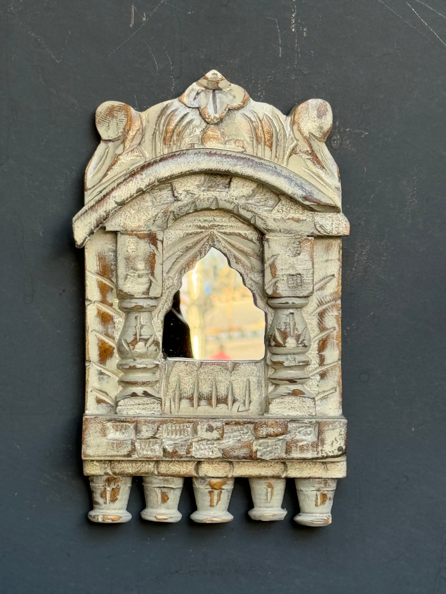 Mirror Jharokha in distress finish wood - hand crafted wall decor