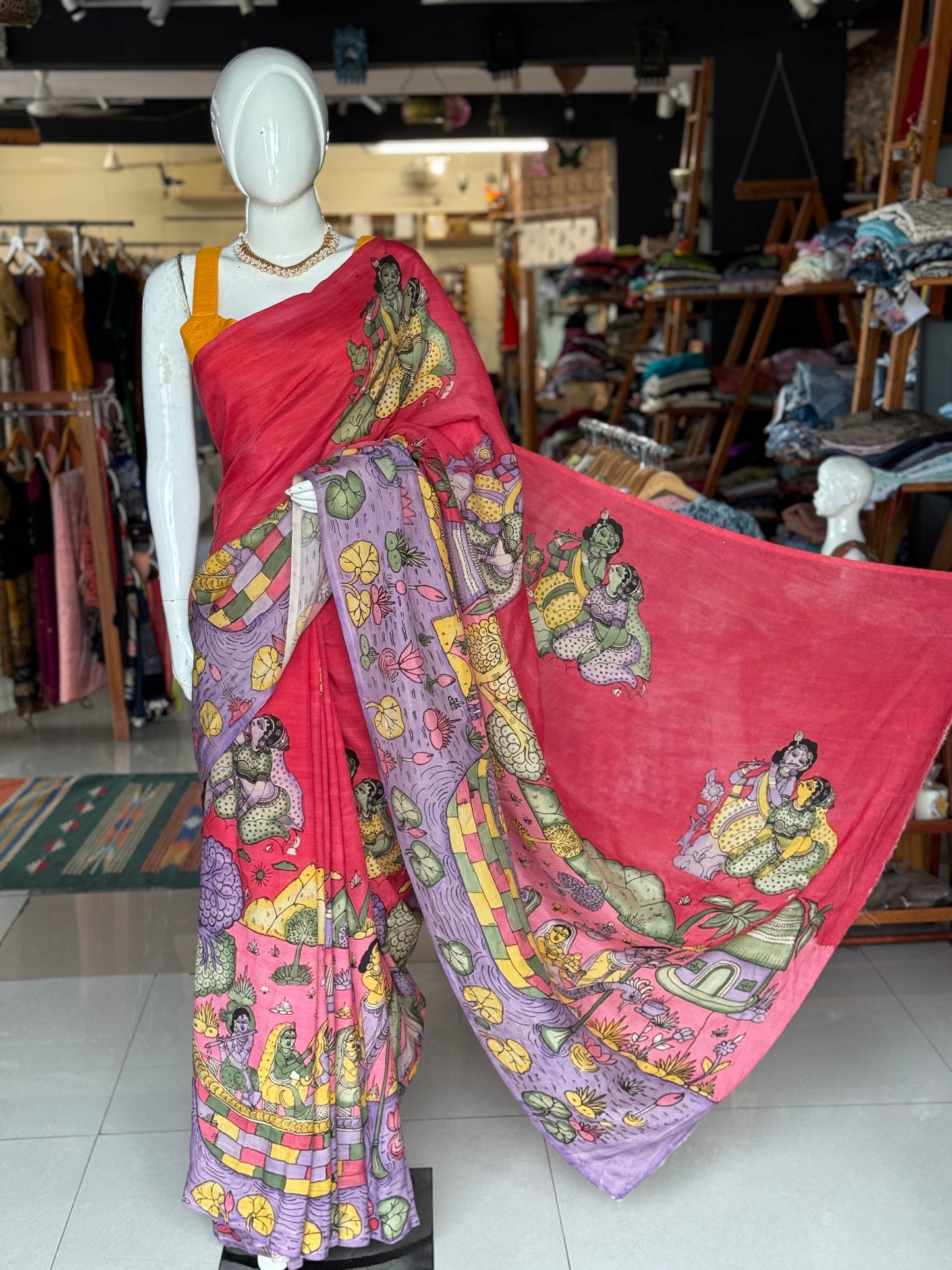 Pink and lavender hand painted pen kalamkari Chennuri silk yardage saree with skirt border and Radha Krishna design