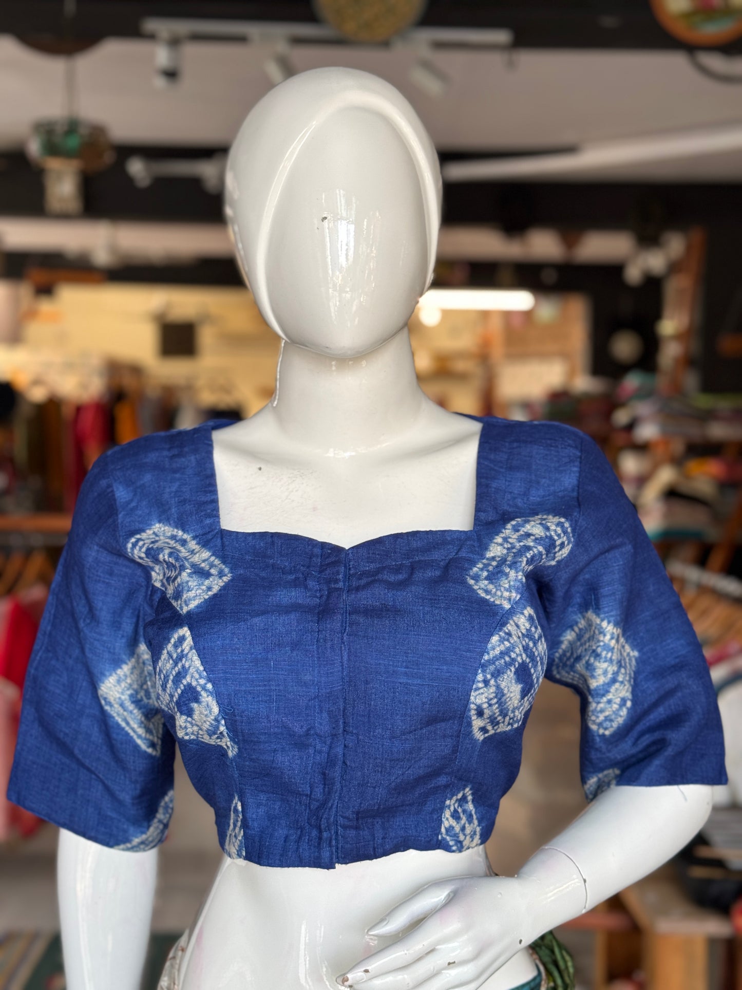 Blue needle tie n dye shibori silk blouse