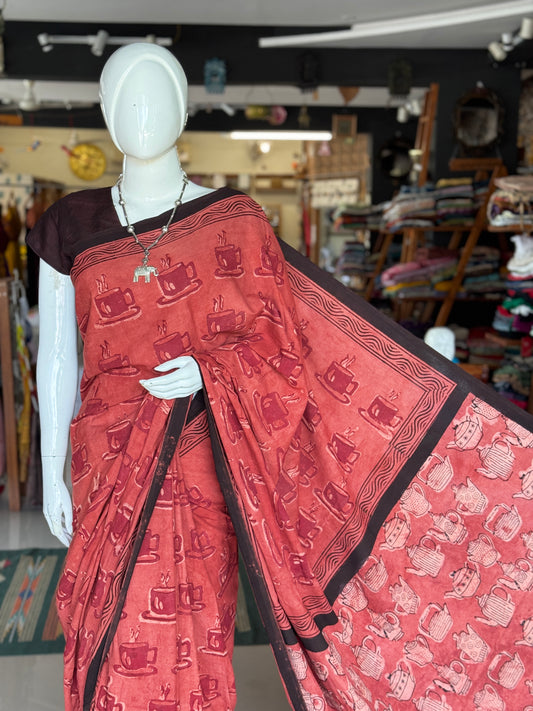 Let’s go for a coffee - hand block printed, natural dyed soft cotton saree in rust shade