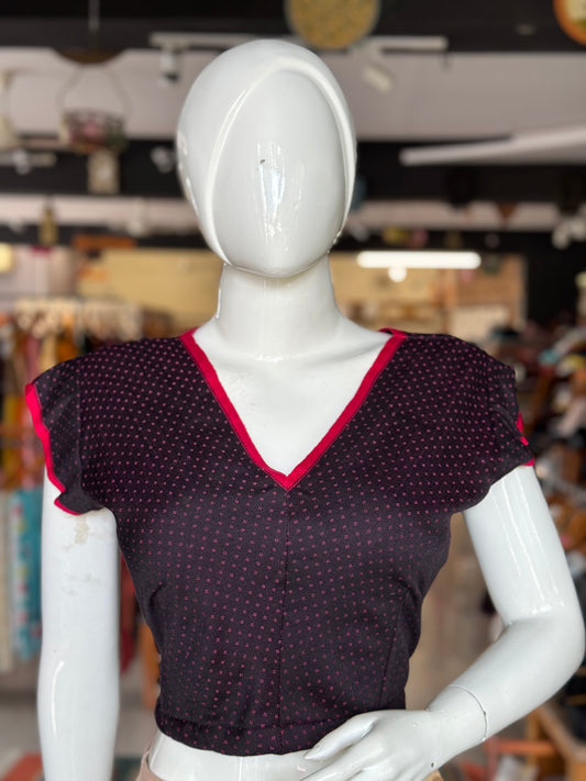 Black with pink dots handwoven Mashru blouse with short sleeves