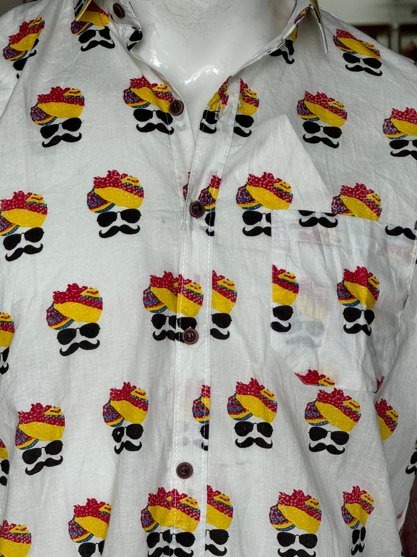 White quirky pagdi, chashma, mooch wala face print mens half sleeves cotton shirt
