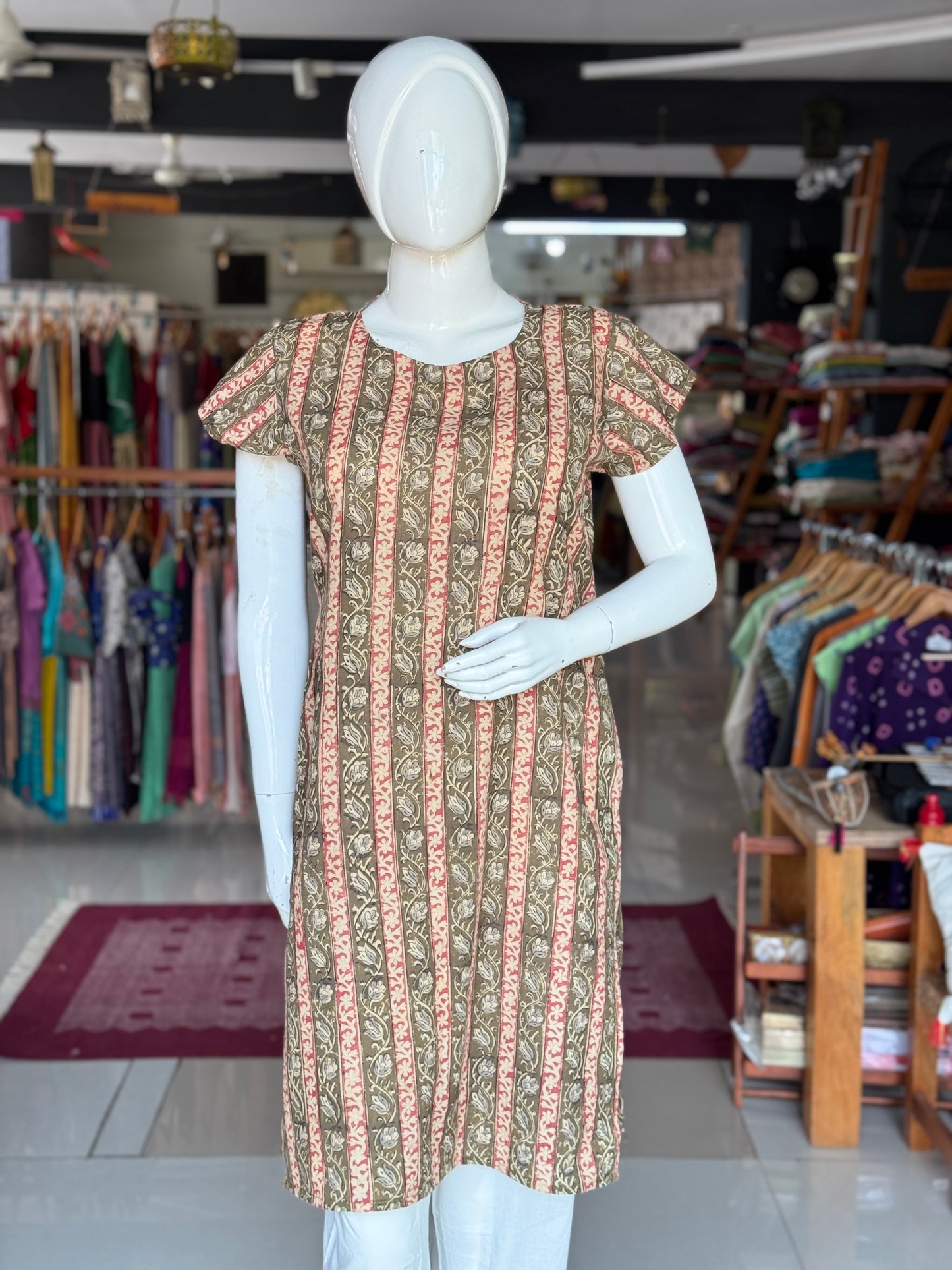 Kalamkari hand block printed cotton straight kurti with fancy neckline