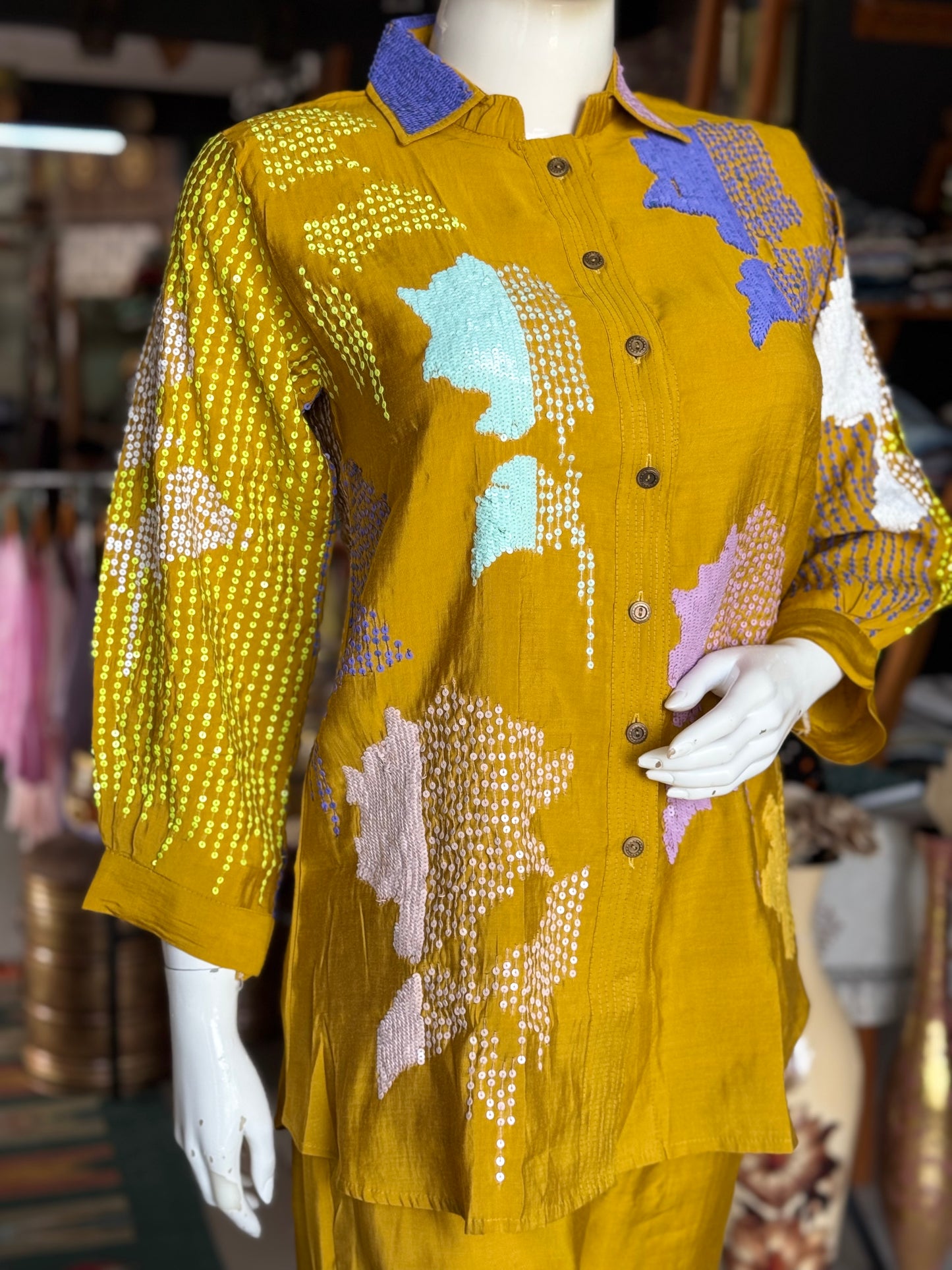 Yellow silk cotton embroidered collared top and pants party wear coord set