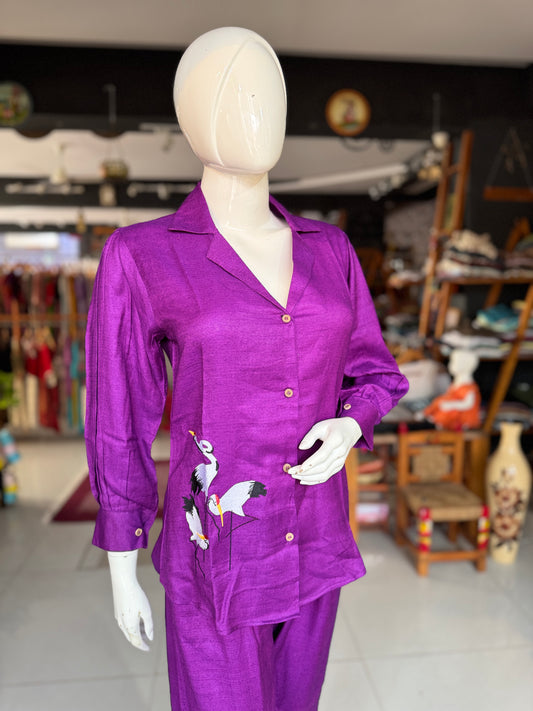 Purple soft bamboo coord set with embroidery