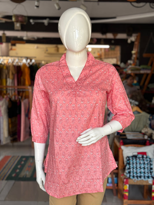 Cotton floral print short top with handwork detailing around neck