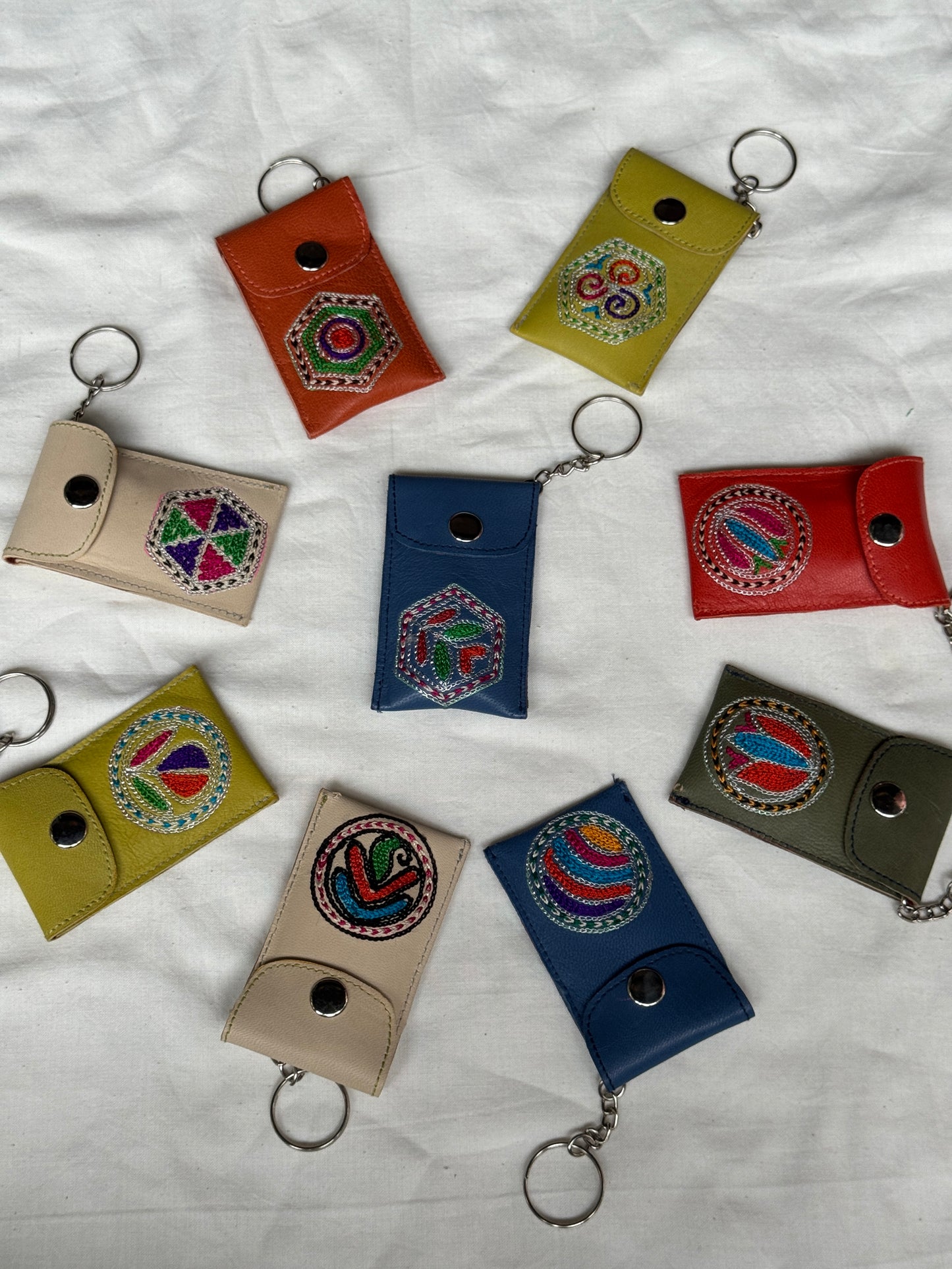 Key ring - leather with hand embroidery - multiple designs and color options available