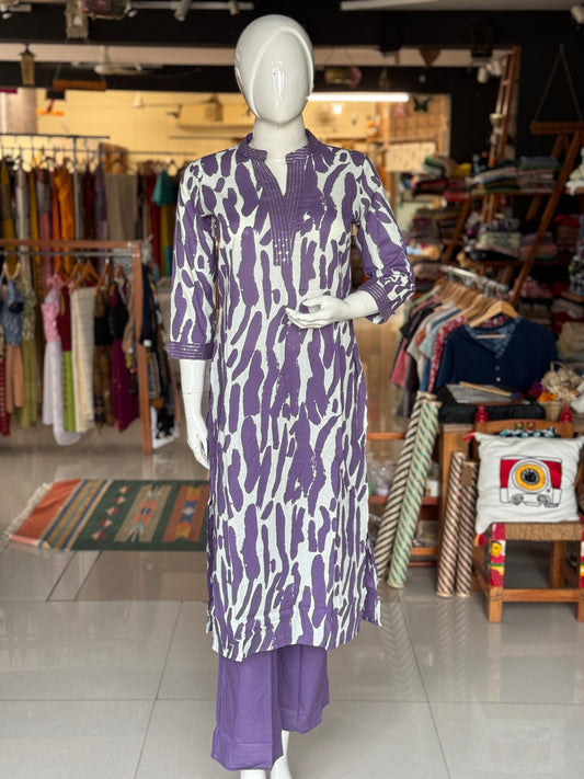 Lavender n white cotton straight cut cotton Kurti and pants - 2 piece set, sequins detailing