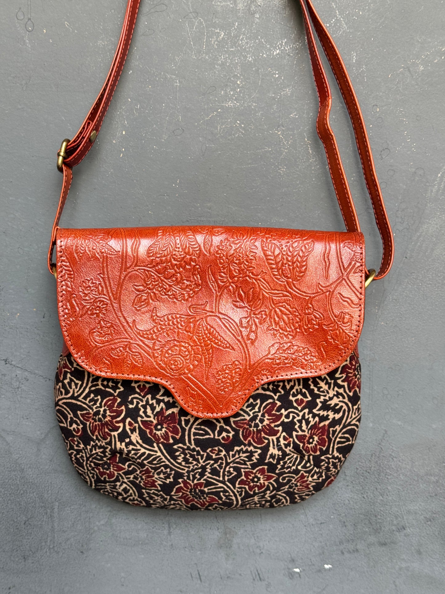 Hand crafted adjustable length sling bag - block printed fabric and embossed leather - multiple designs
