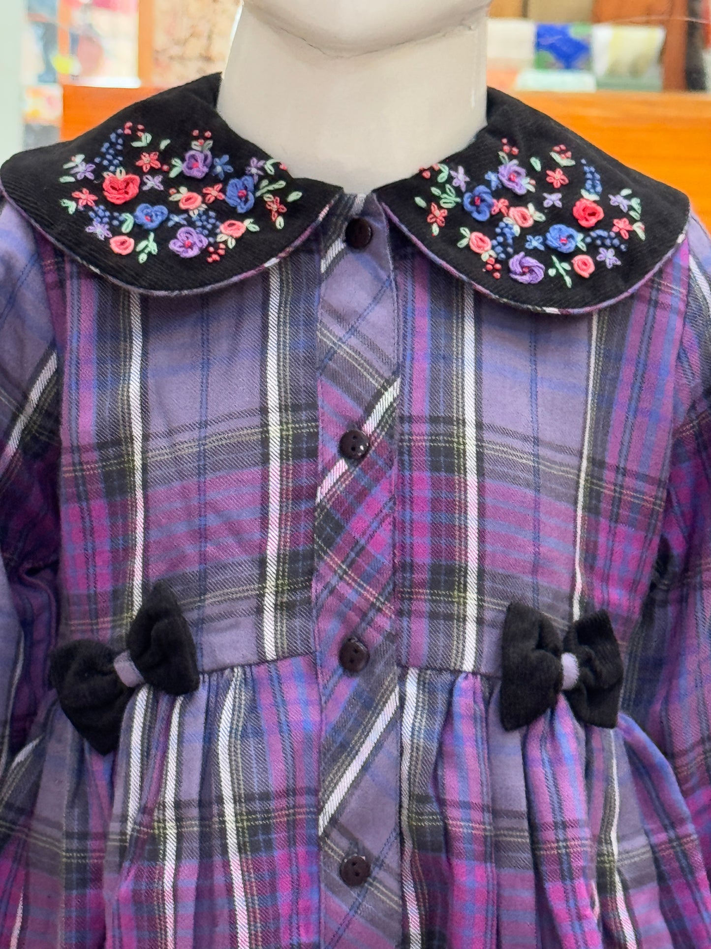 Purple plaid checks embroidered long sleeves dress with corduroy hand embroidered Peter Pan collar and bows