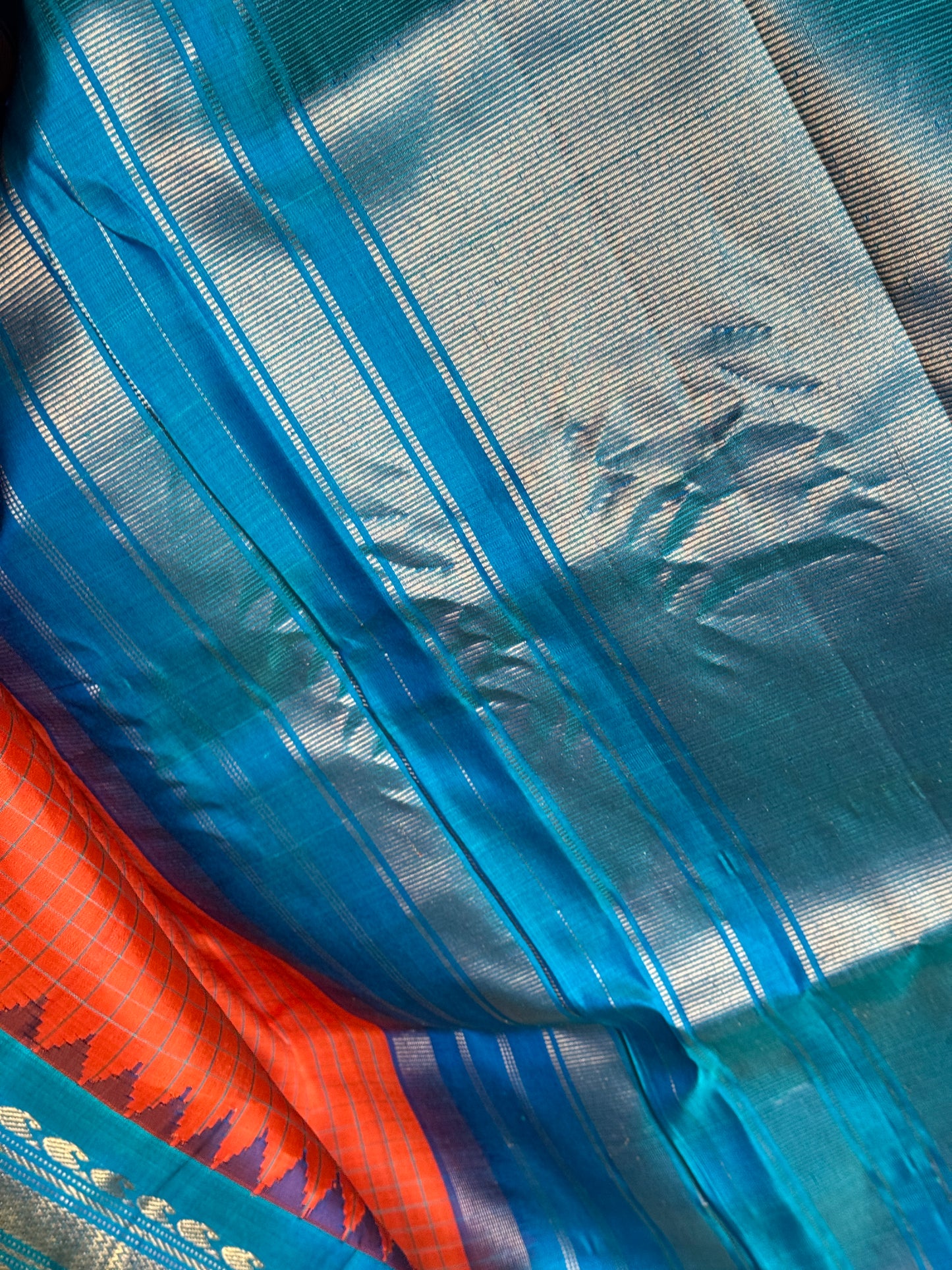 Gold spot orange and blue checks pure silk handwoven Gadwal saree with kuttu temple border