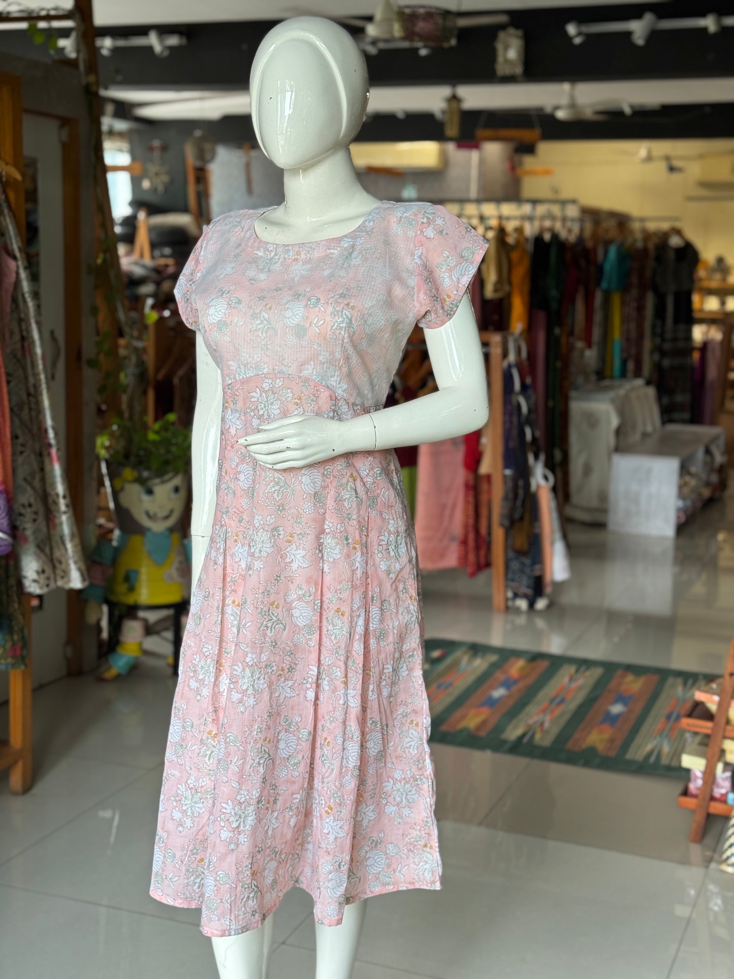 Light pink floral hand block printed soft cotton dress with white kota cotton overlay