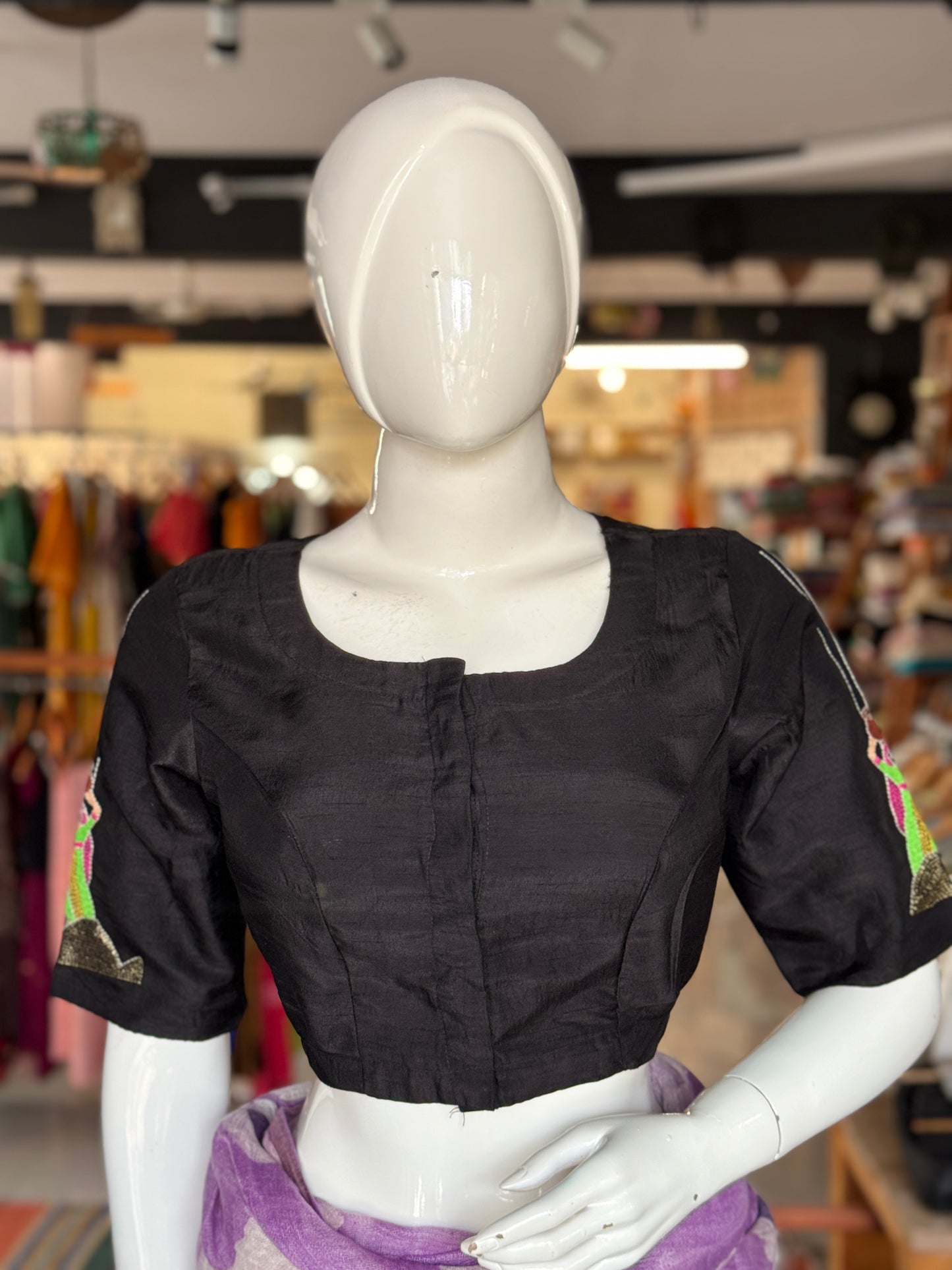 Black camel safari couple - Kantha hand embroidered silk blouse