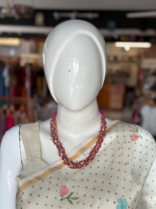 Pink thread with dokra brass beads braided handcrafted neckpiece