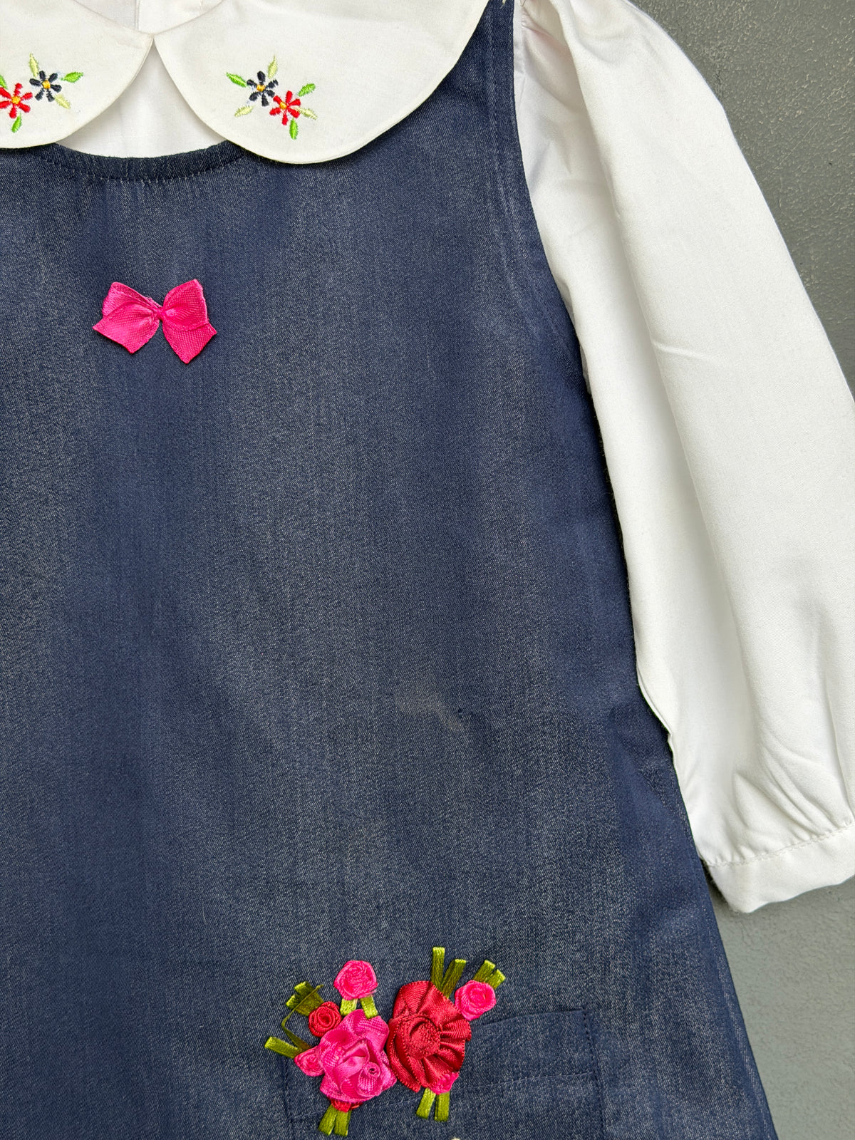 Denim blue frock for girls with embroidery and white Peter Pan embroidered collared full sleeves shirt - 2 piece set