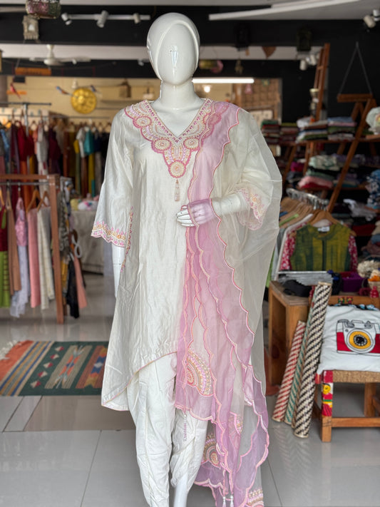 Off white silk cotton embroidered kurta, tulip pants and organza dupatta - 3 piece set