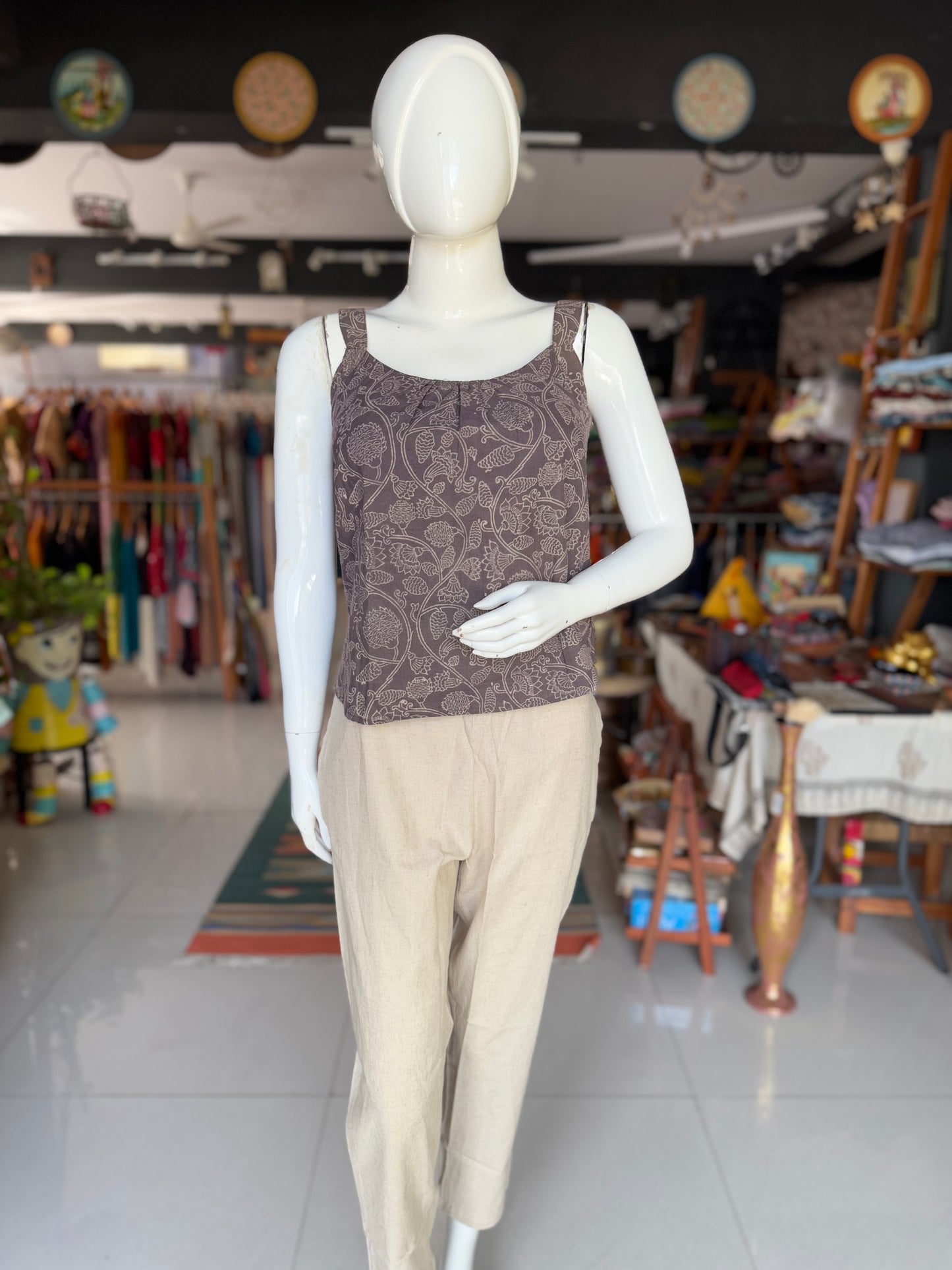 Dark grey hand block printed handloom Malkha cotton top with strap sleeves