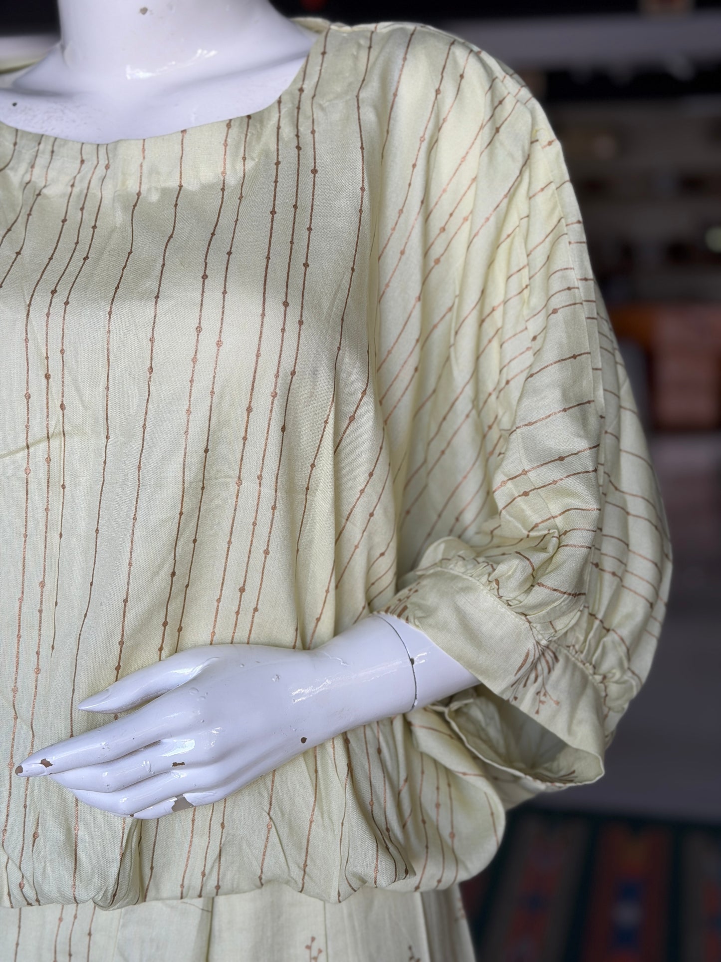 Yellow with golden stripes shoulder sleeves top with blue green lines - elastic hem