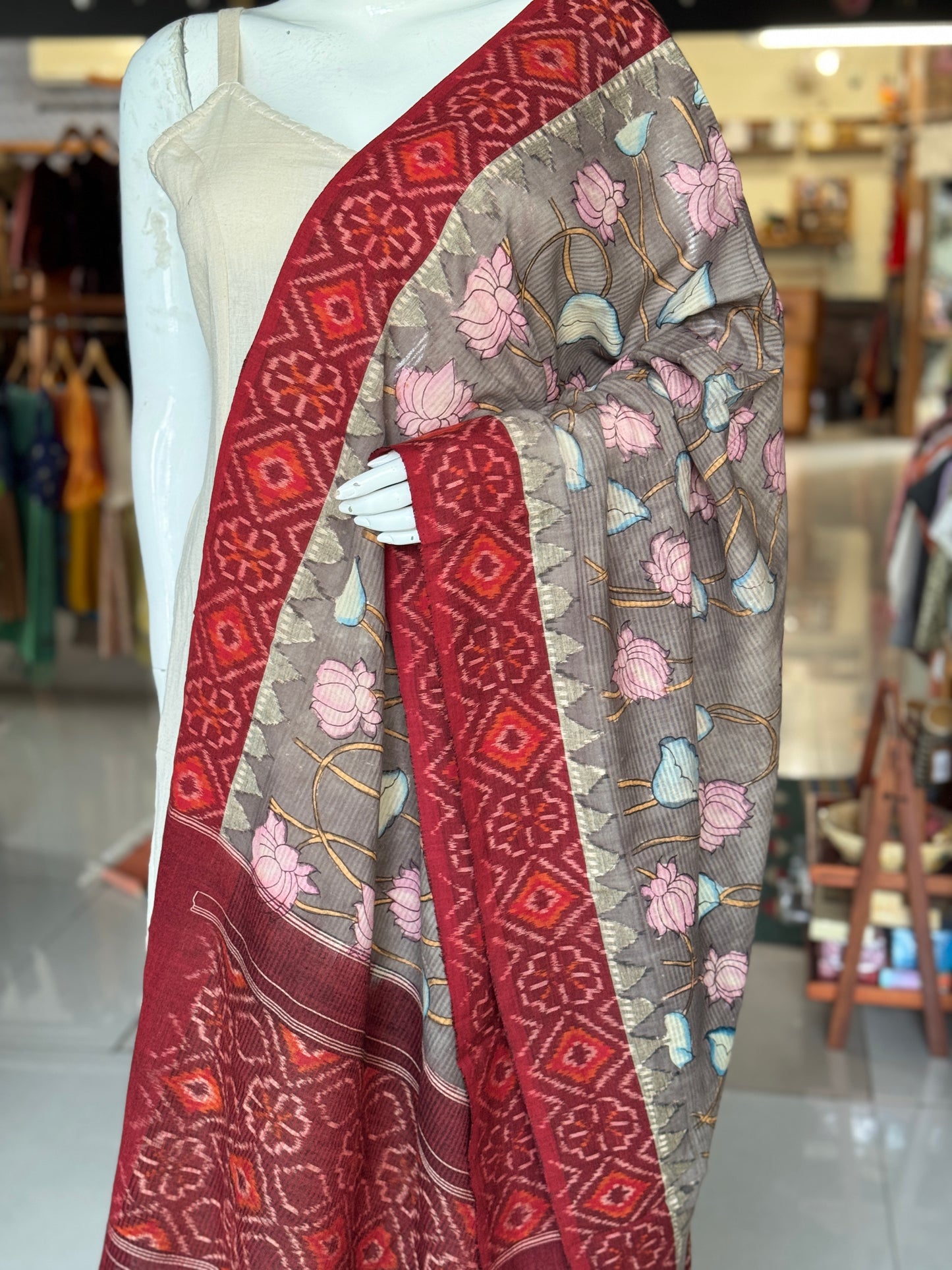 Ikat handloom + Pen Kalamkari hand painted cotton dupatta - 2 beautiful crafts in one dupatta - multiple designs available