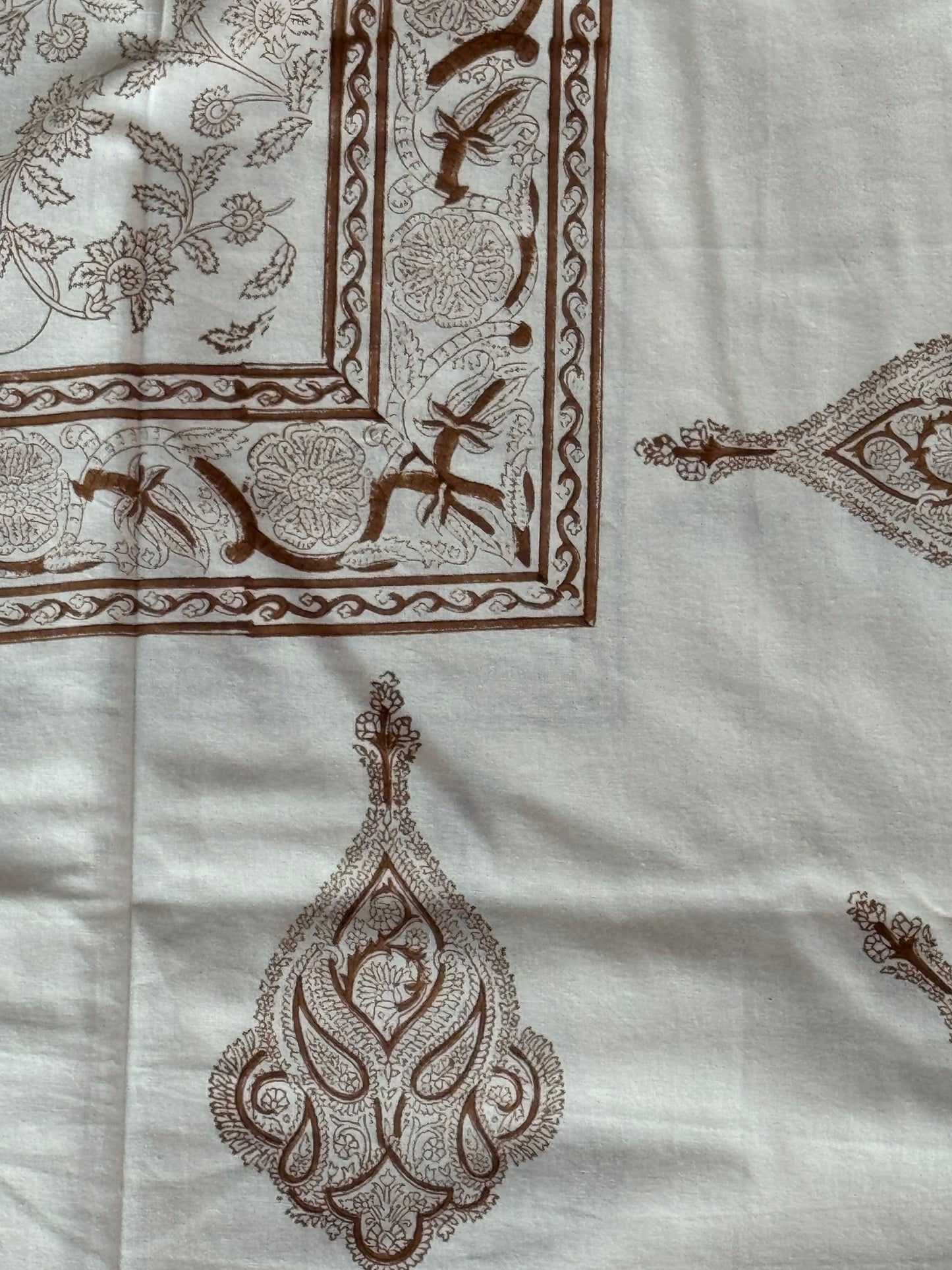 Brown floral print (brass hand block prints) on off white base pure cotton king size bedsheet