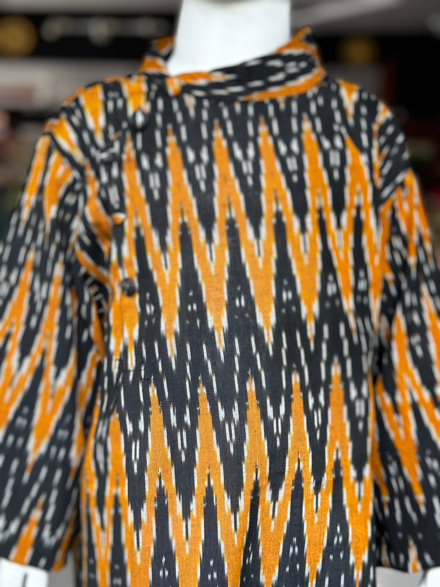 Black and mustard ikat cotton kurta for boys with asymmetric buttons
