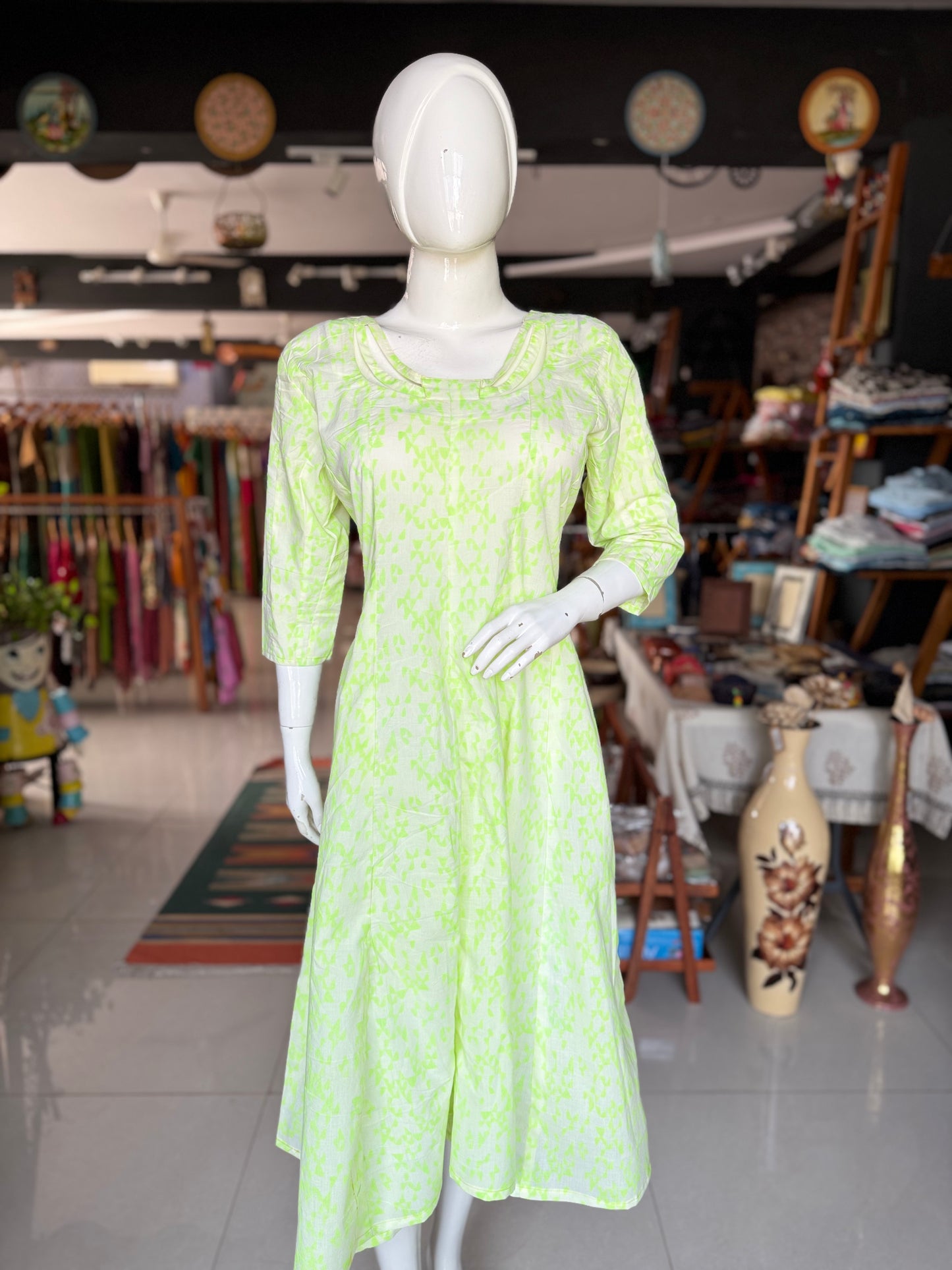 Green geometric hand block printed cotton dress with neck detailing