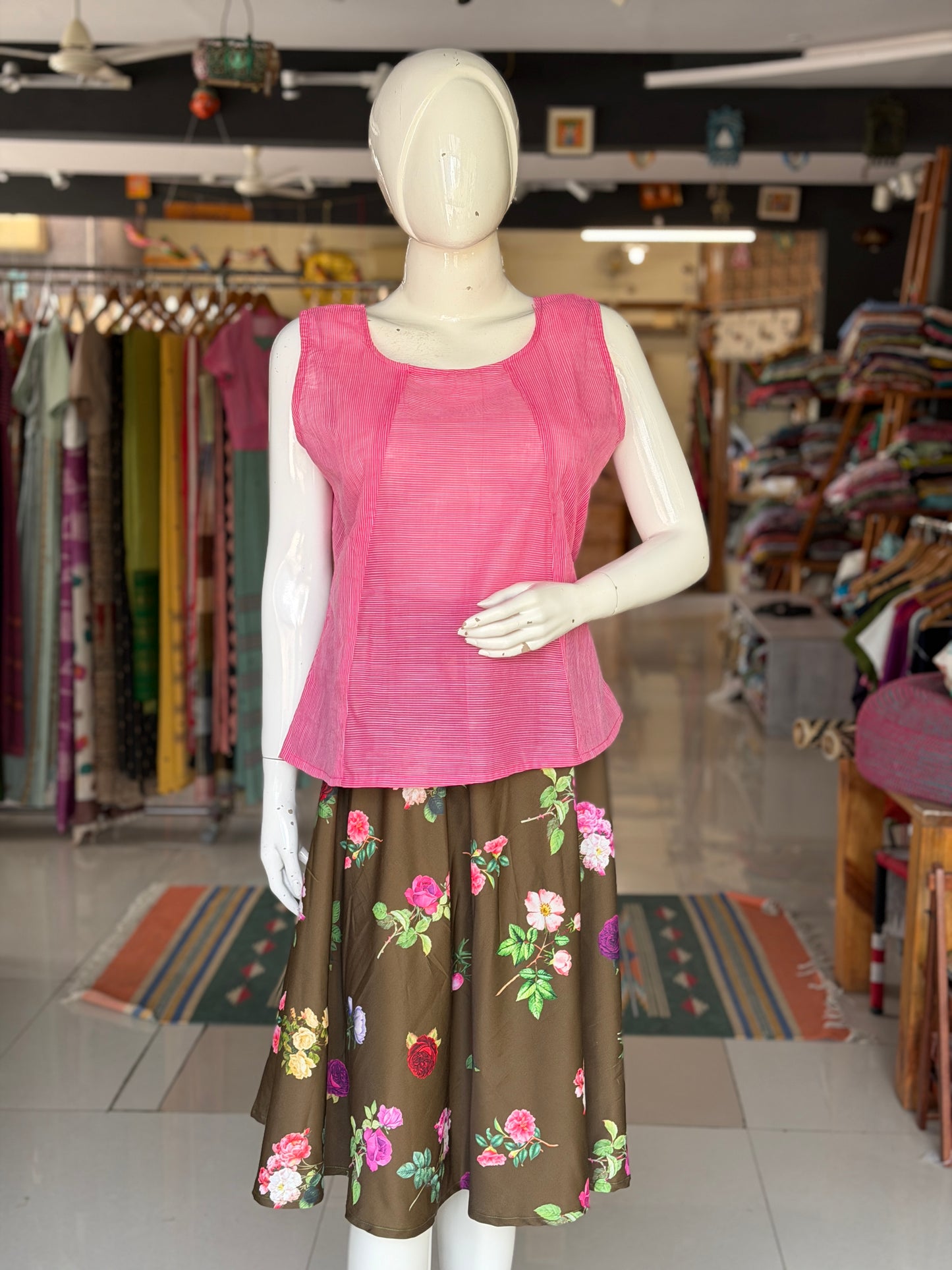 Olive green digital floral print umbrella skirt