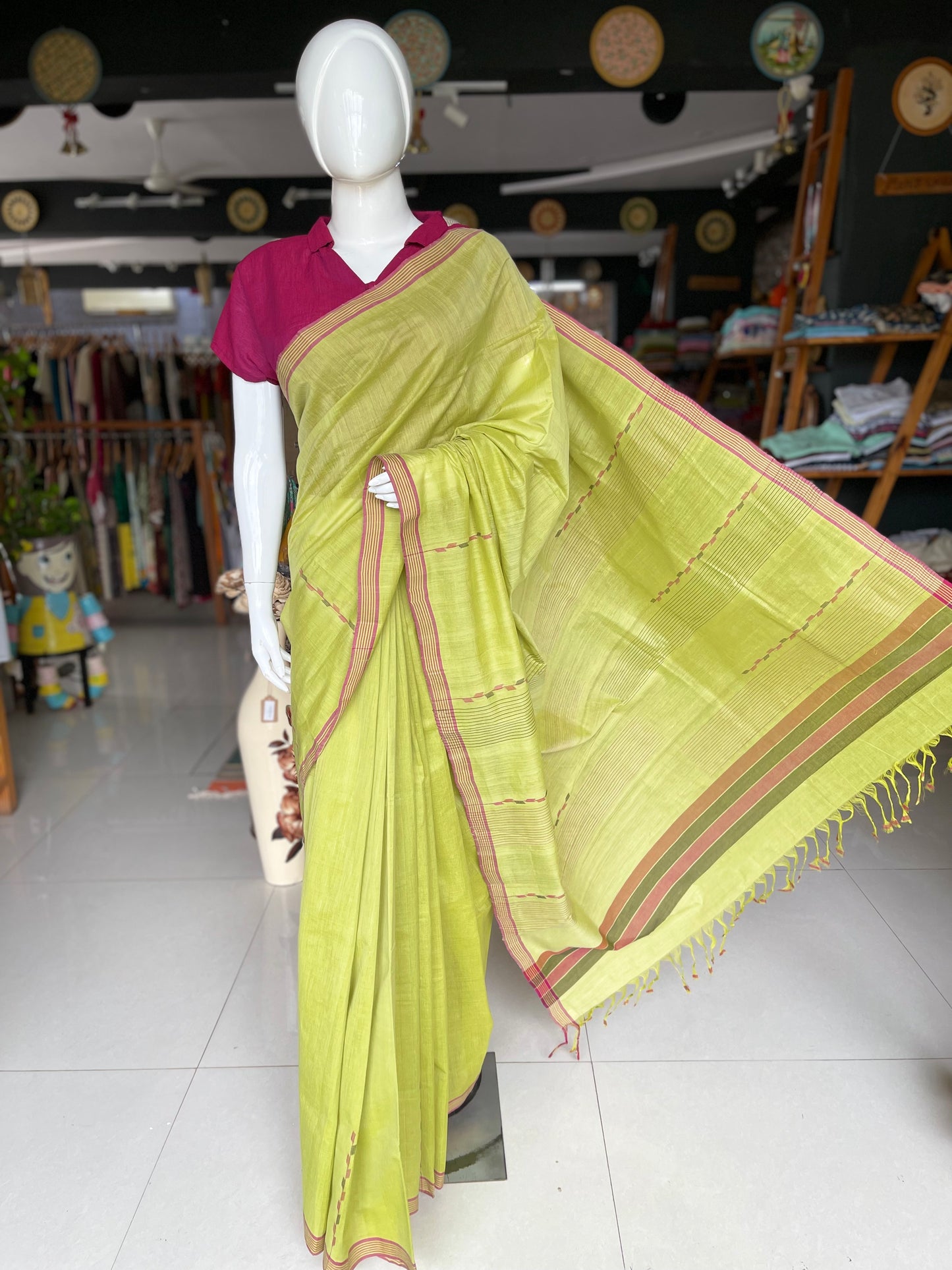 Green hand spun hand woven cotton saree with stripes border